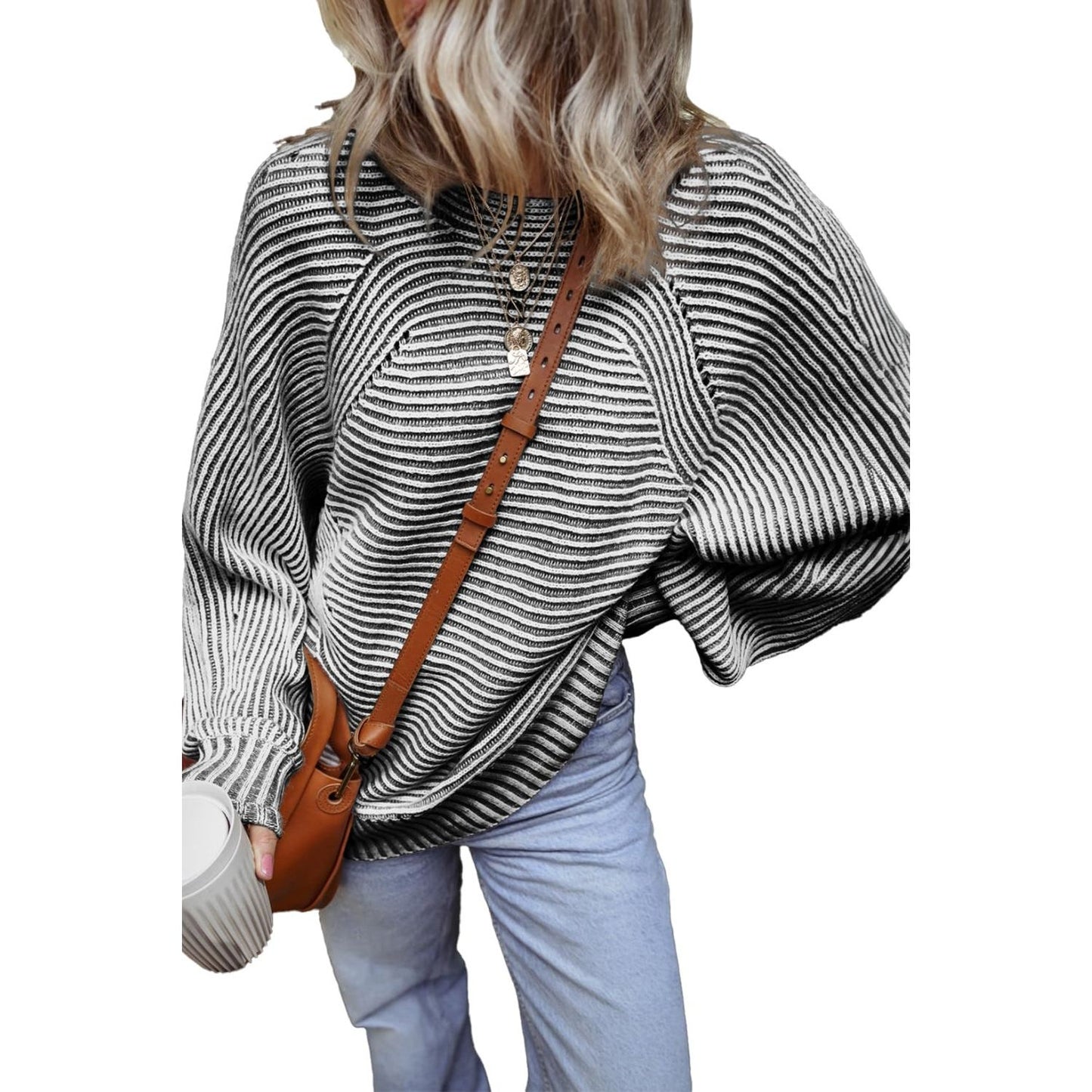 Textured Striped Round Neck Long Sleeve Top