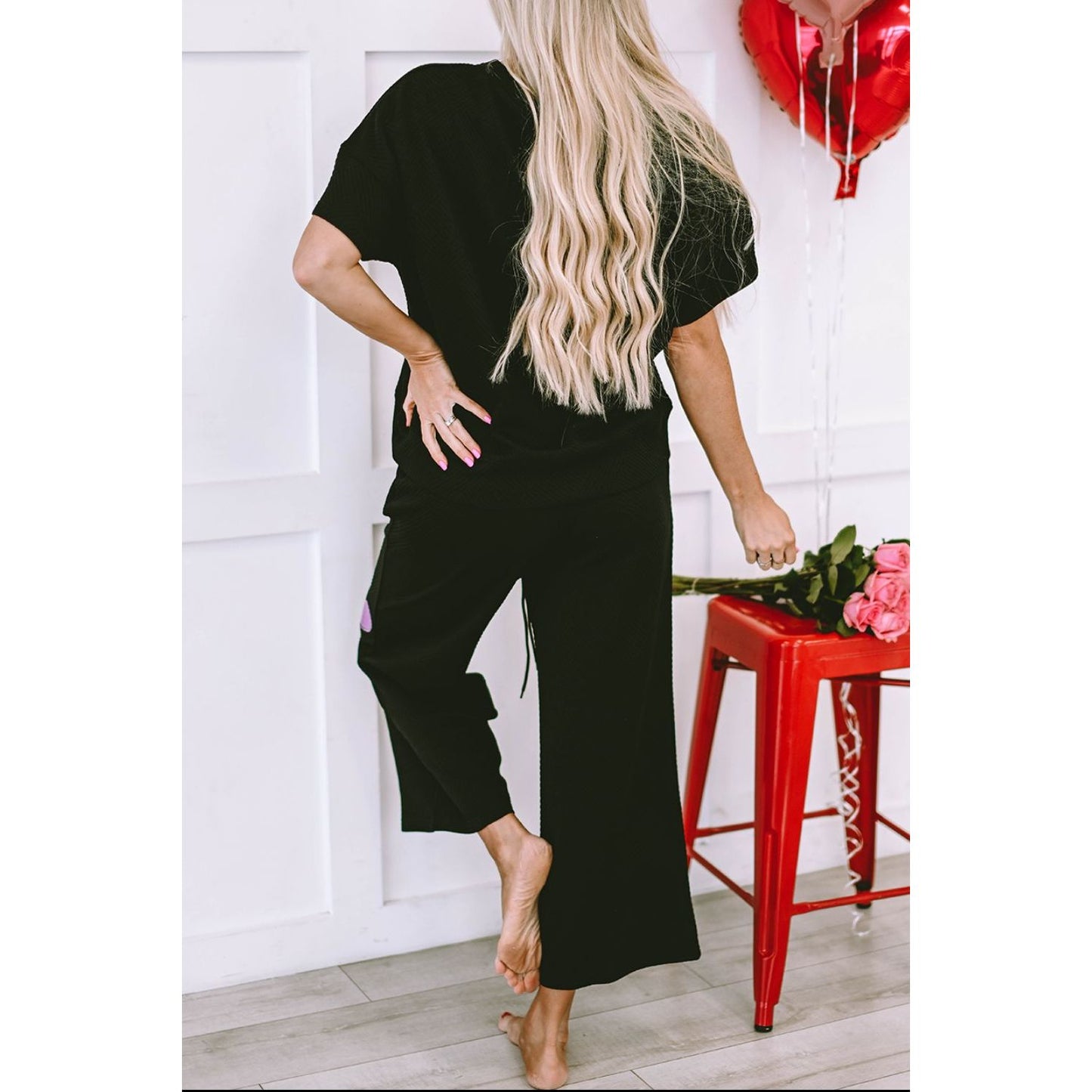 Heart Sequin Short Sleeve Top and Drawstring Pants Lounge Set