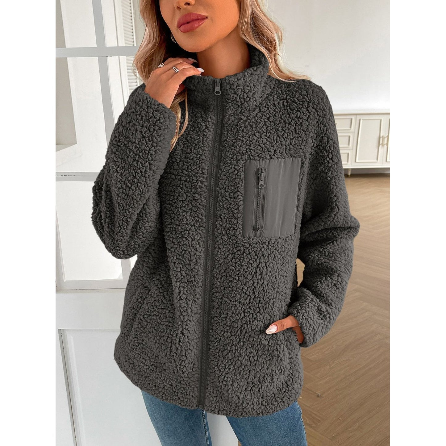 Ivy Lane Zip Up Long Sleeve Fuzzy Jacket