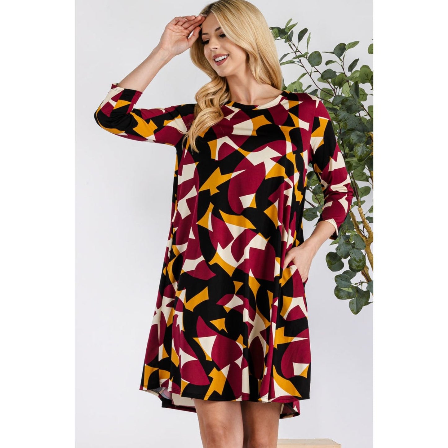 Celeste Full Size Geometric Round Neck Dress with Pockets