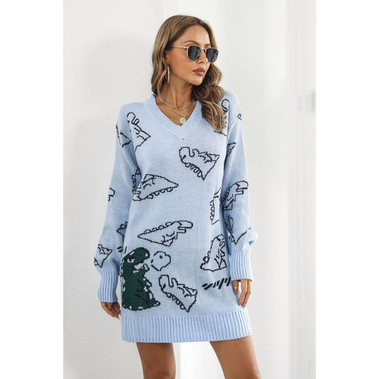 Dinosaur Pattern V-Neck Sweater Dress