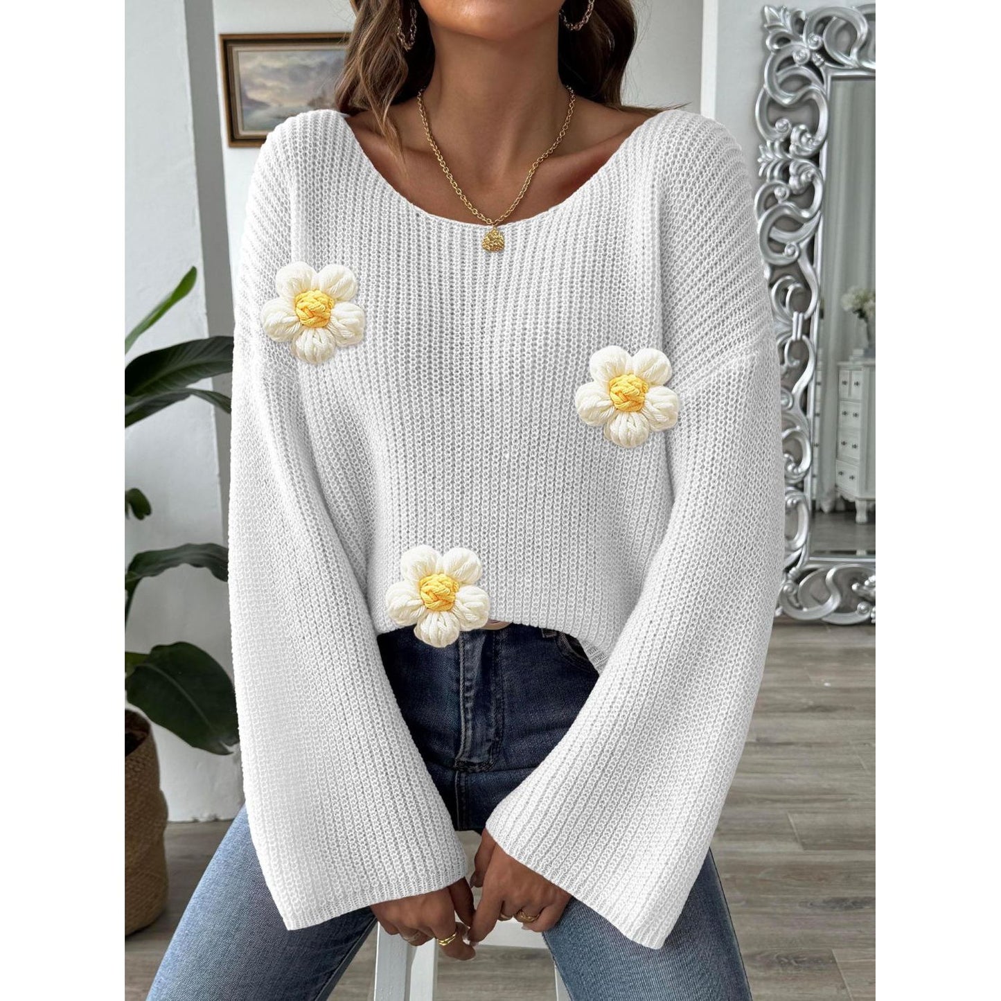 Flower Round Neck Long Sleeve Sweater