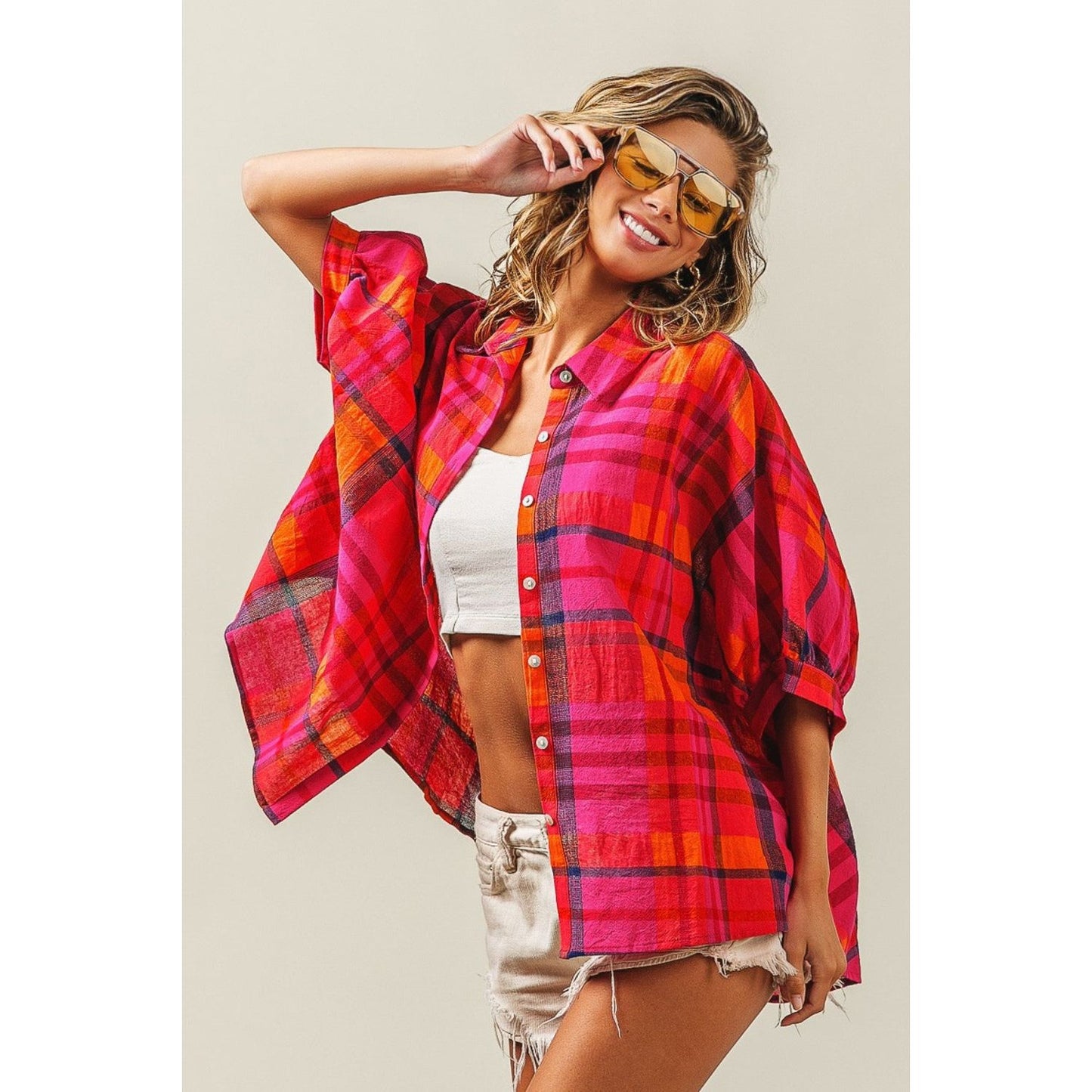 BiBi Button Up Dolman Sleeve Plaid Shirt