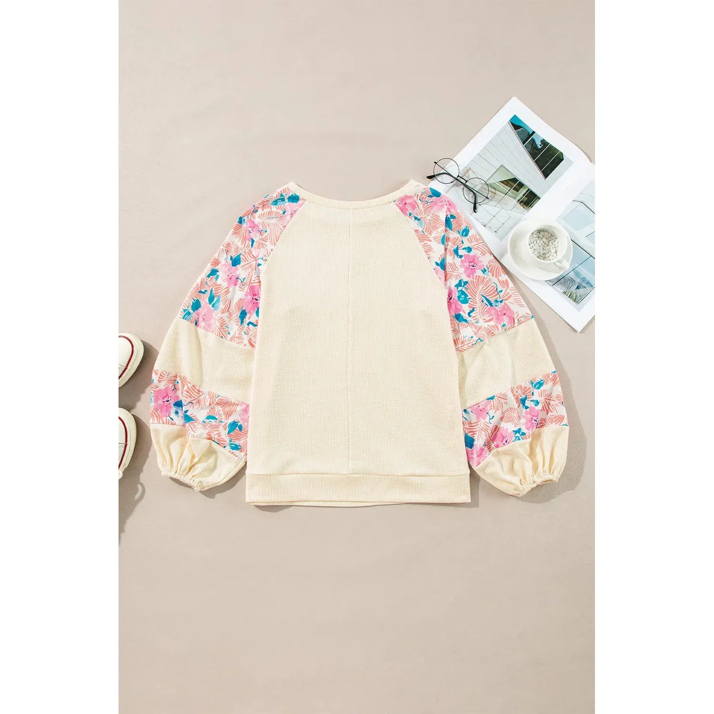 Printed Round Neck Balloon Sleeve Blouse