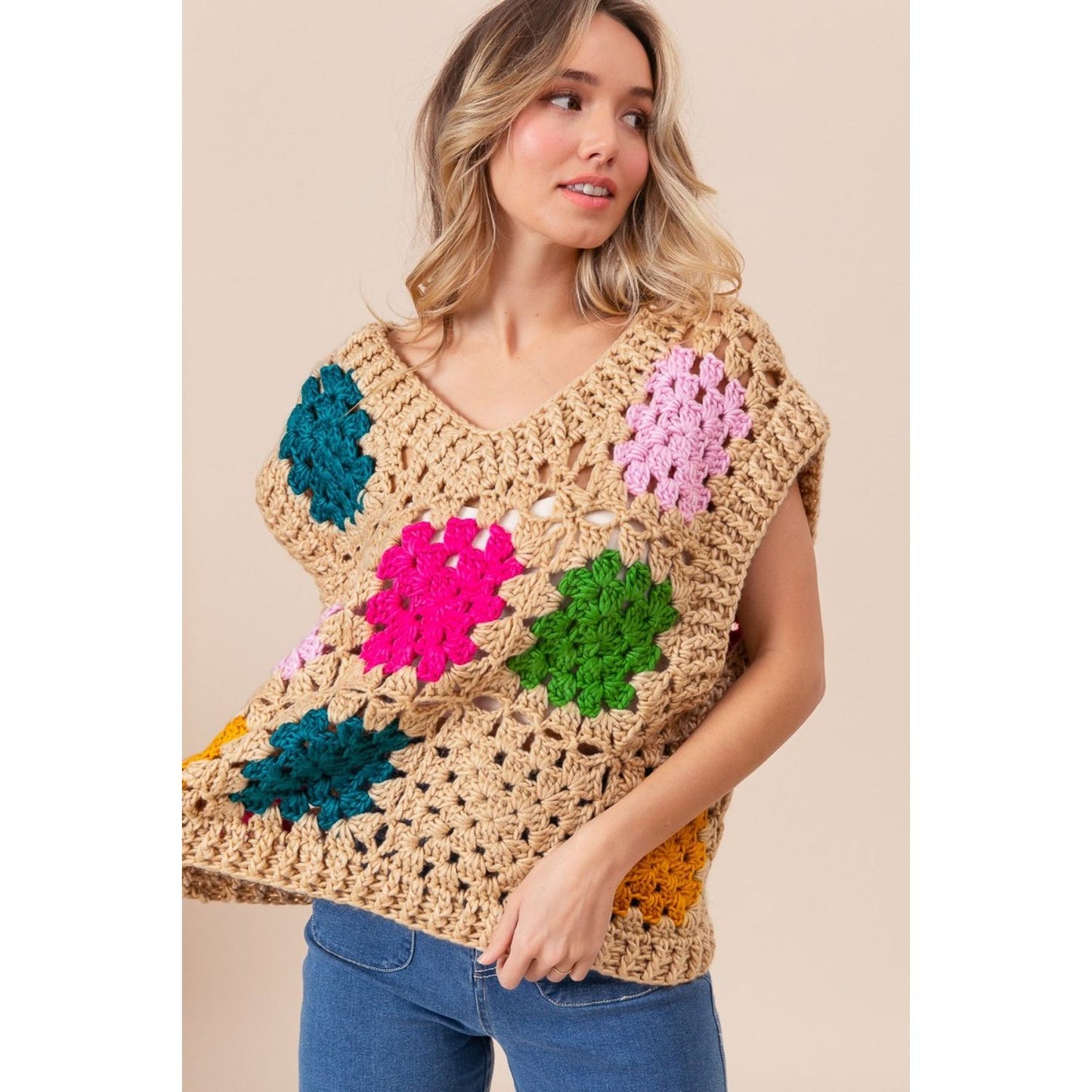 BiBi Granny Square Openwork Sweater Vest