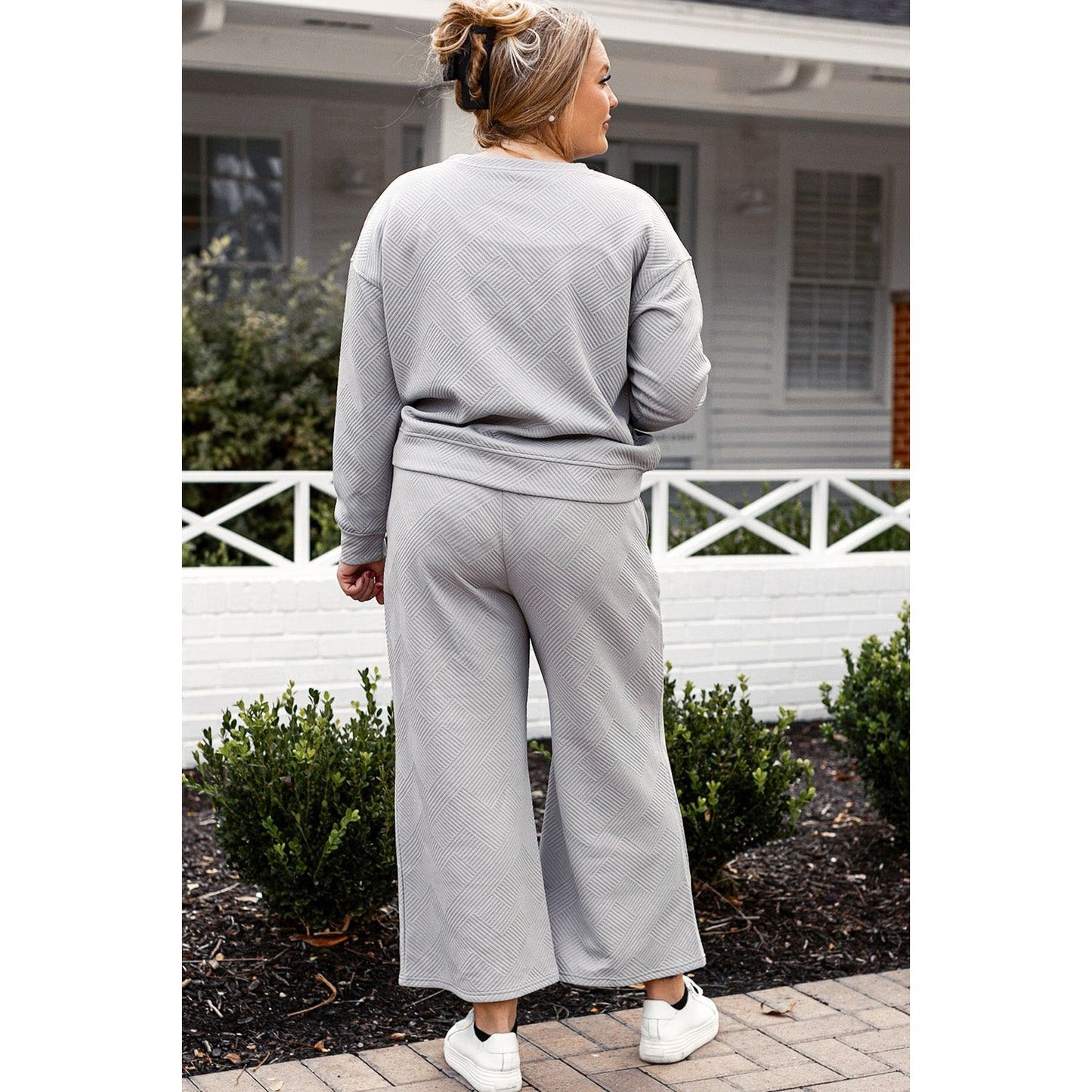 Double Take Full Size Textured Long Sleeve Top and Drawstring Pants Set