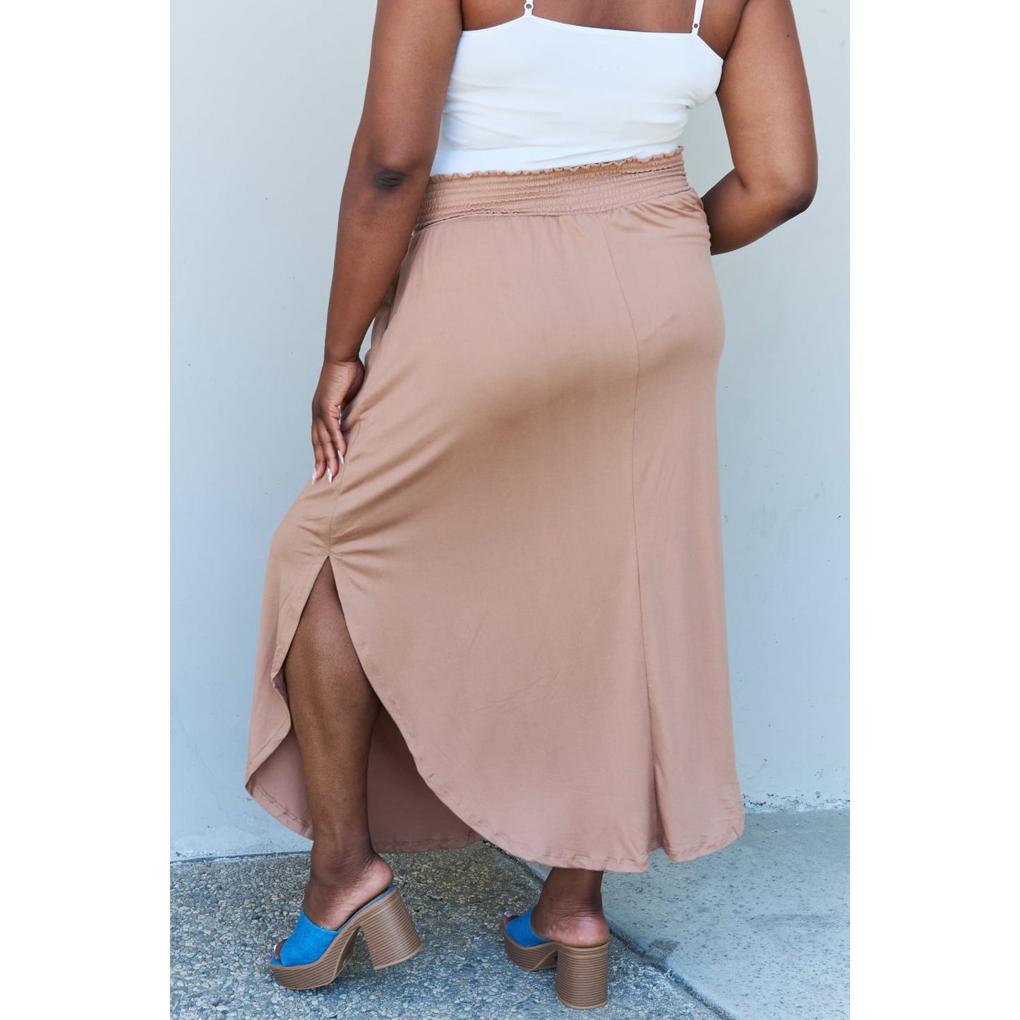 Doublju Comfort Princess Full Size High Waist Scoop Hem Maxi Skirt in Tan