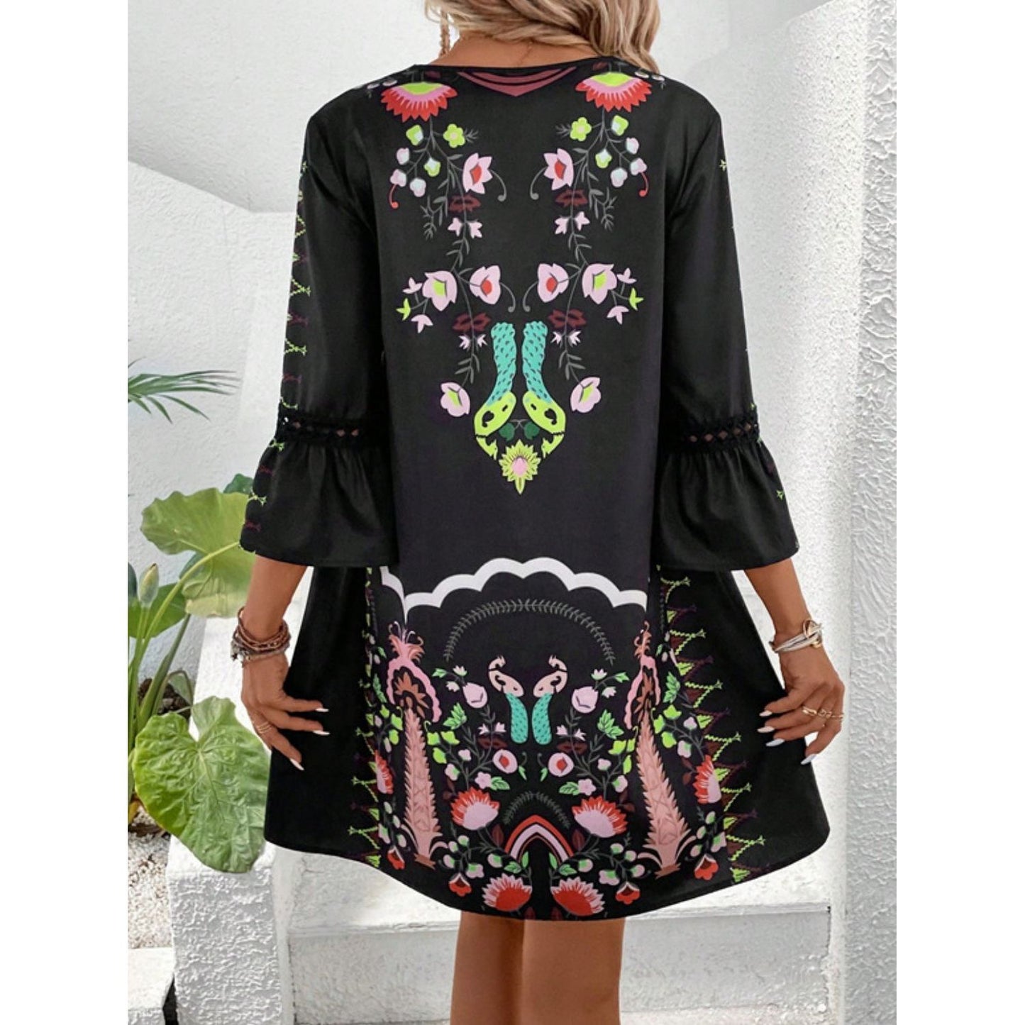 Lace Detail Printed Three-Quarter Sleeve Dress