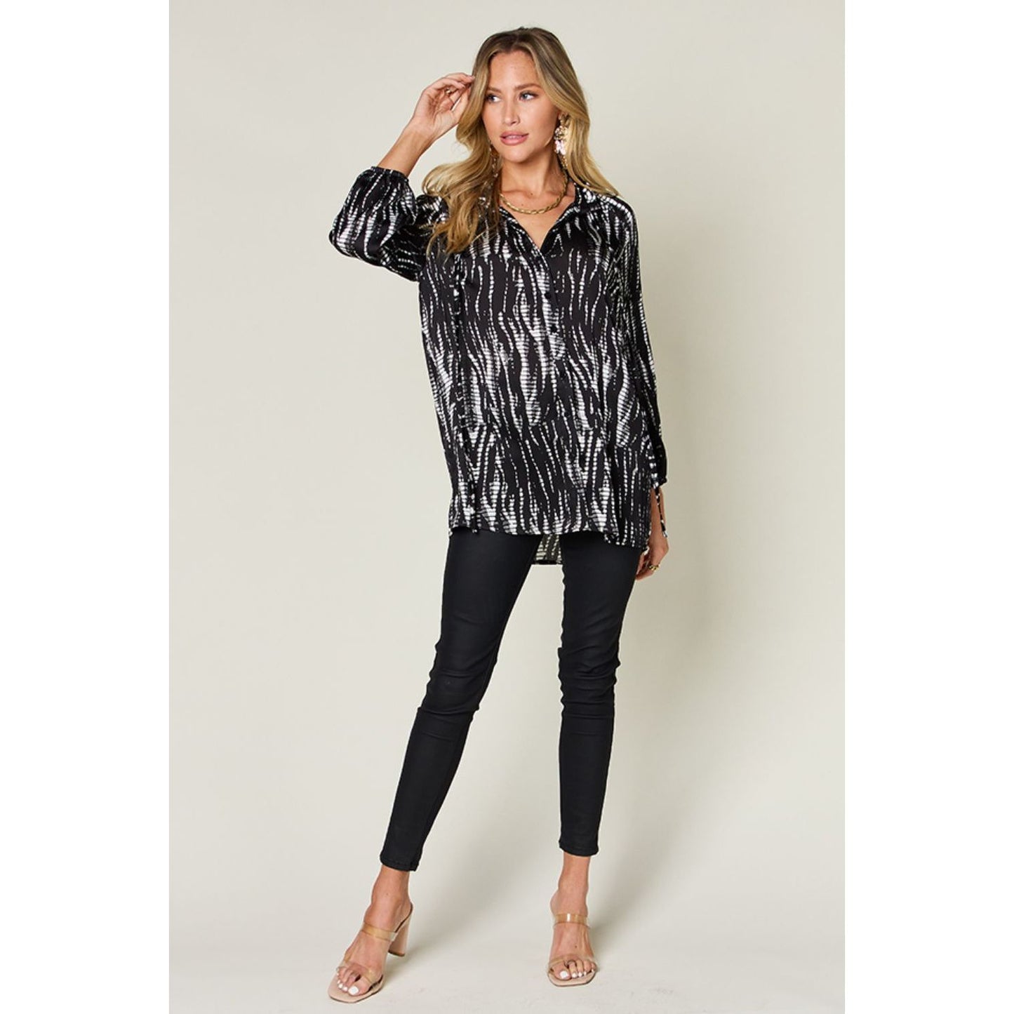 Double Take Full Size Printed Button Up Long Sleeve Shirt