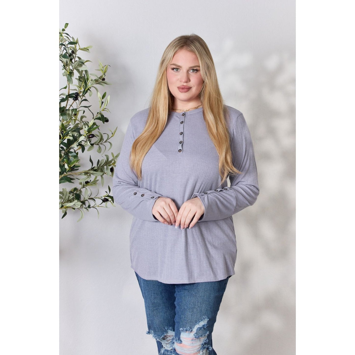 Heimish Full Size Texture Half Button Long Sleeve Top