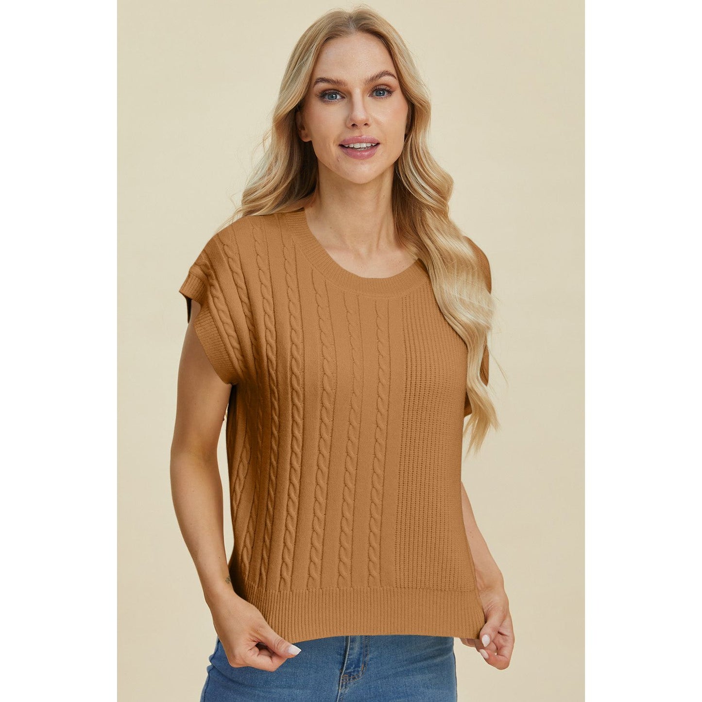 Double Take Full Size Cable-Knit Round Neck Short Sleeve Sweater