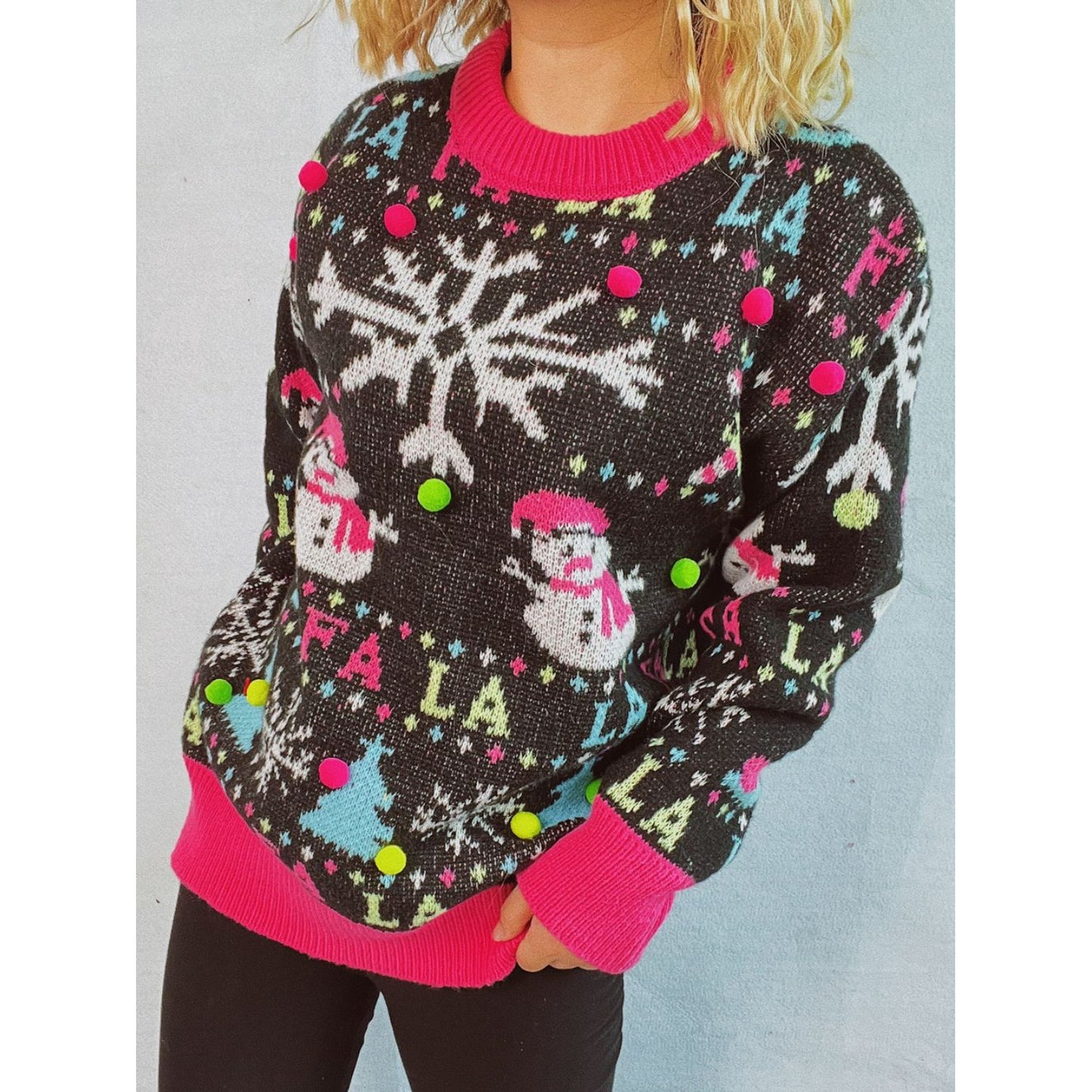 Snowman Contrast Trim Round Neck Sweater