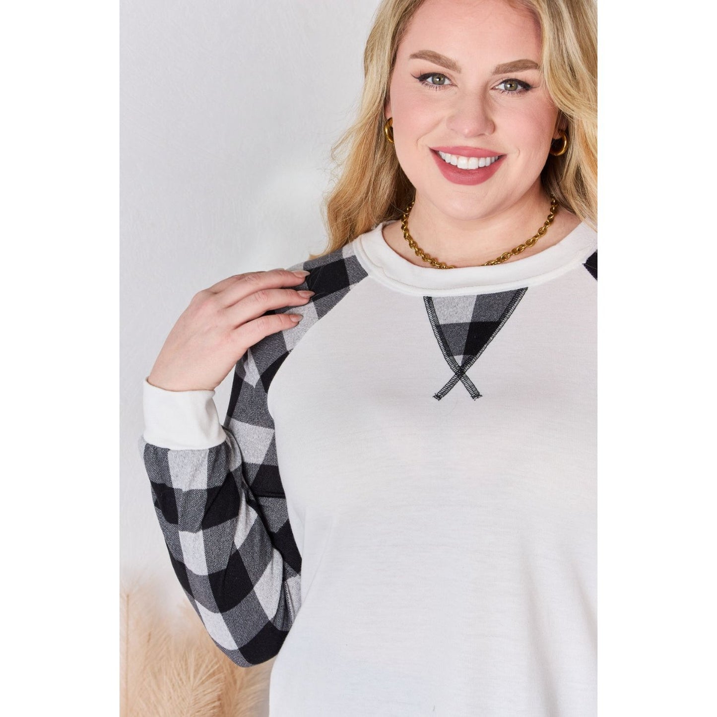 Hailey & Co Full Size Plaid Raglan Sleeve Round Neck Blouse