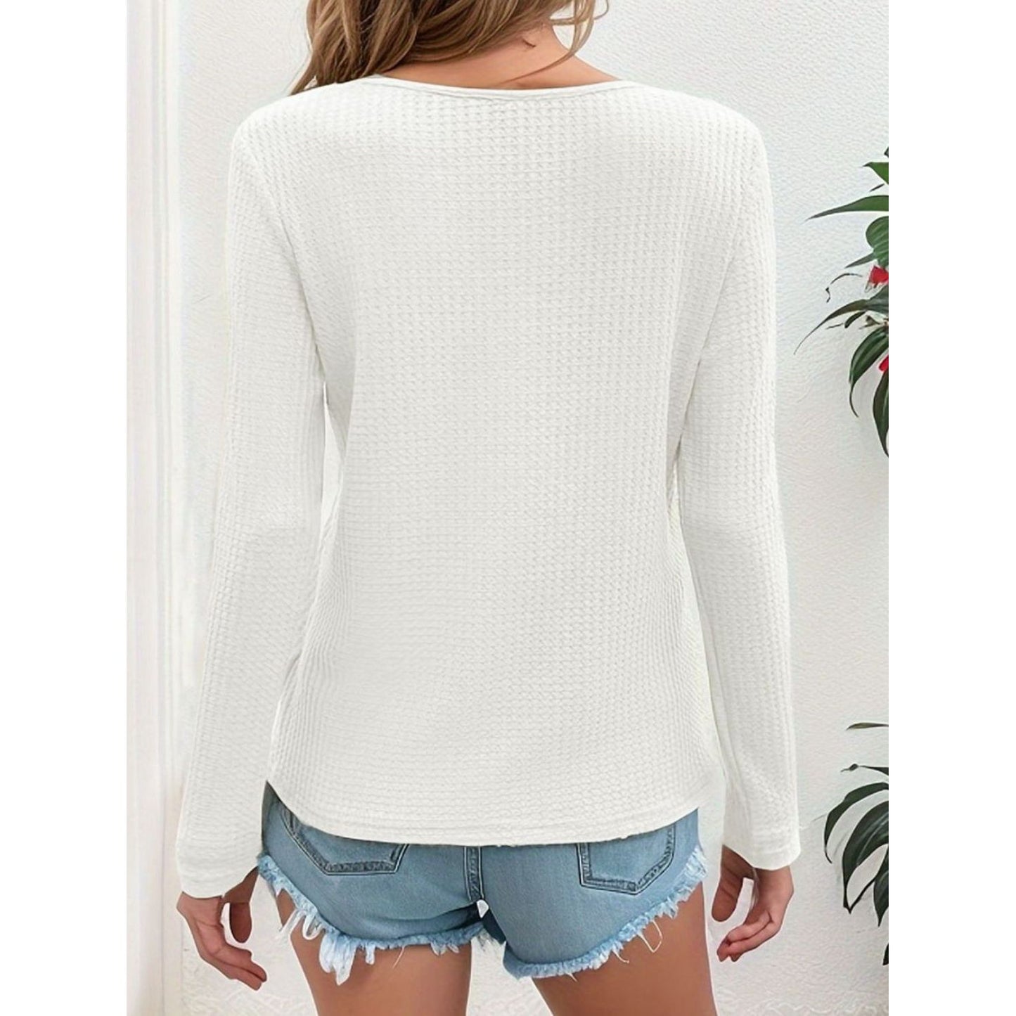 Waffle-Knit V-Neck Long Sleeve Top