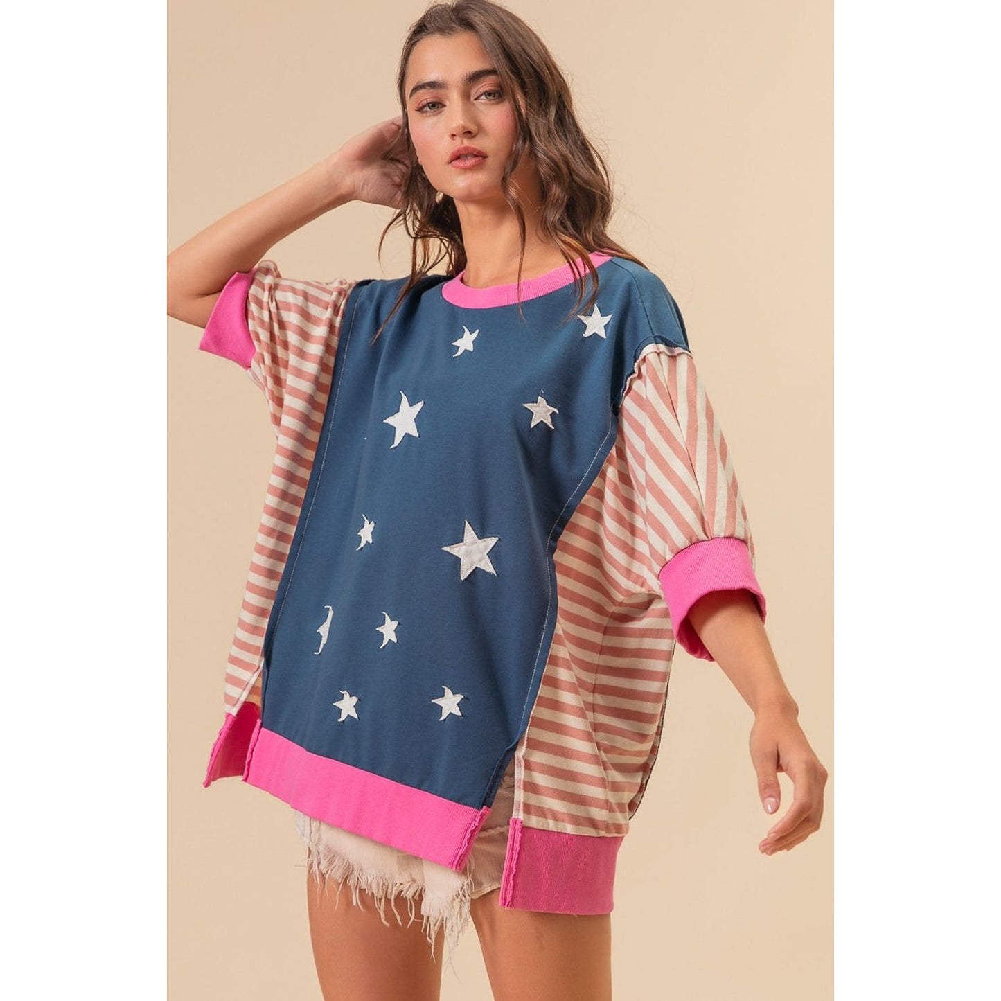 BiBi US Flag Theme Color Block Star Patch T-Shirt