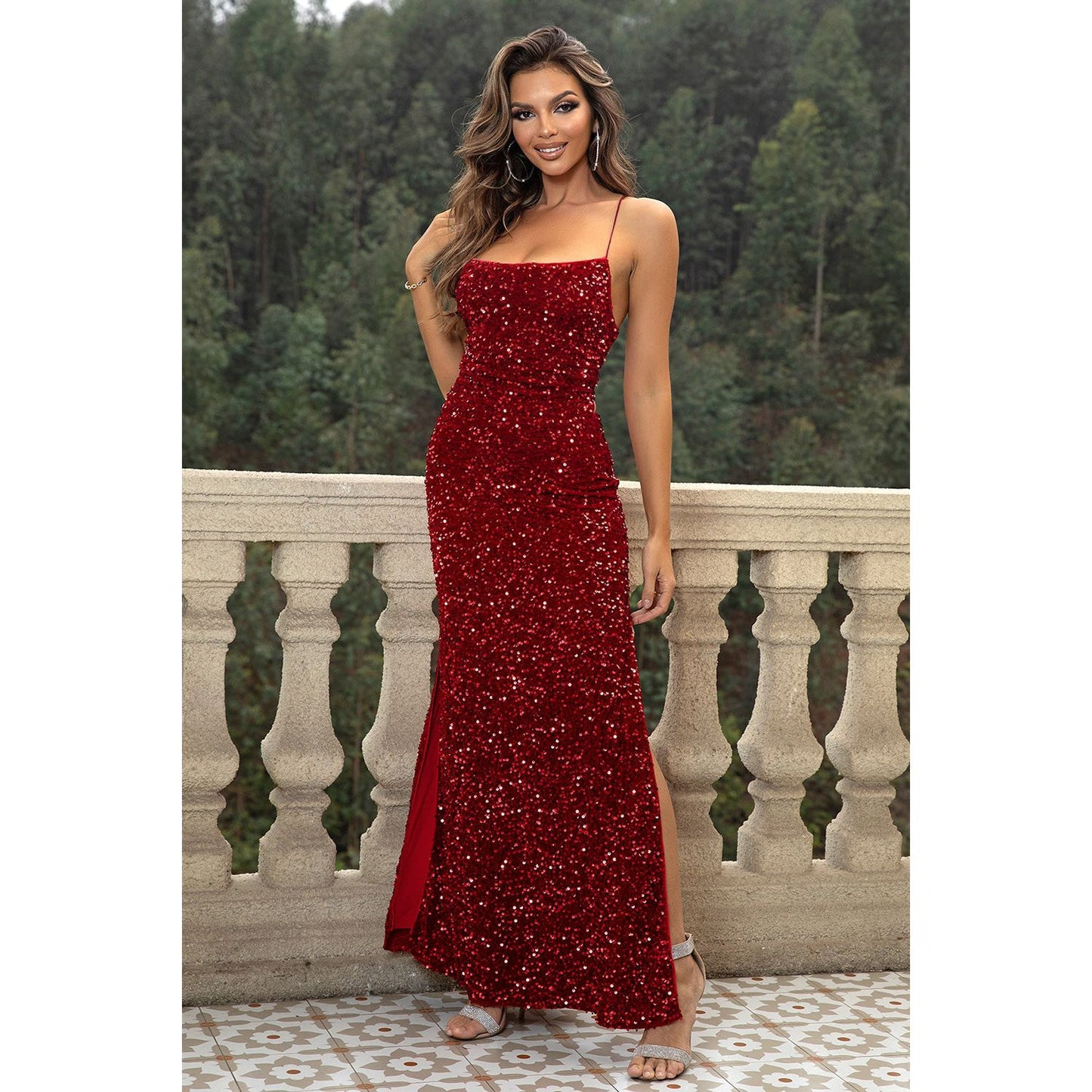 Sequin Backless Split Maxi Dress