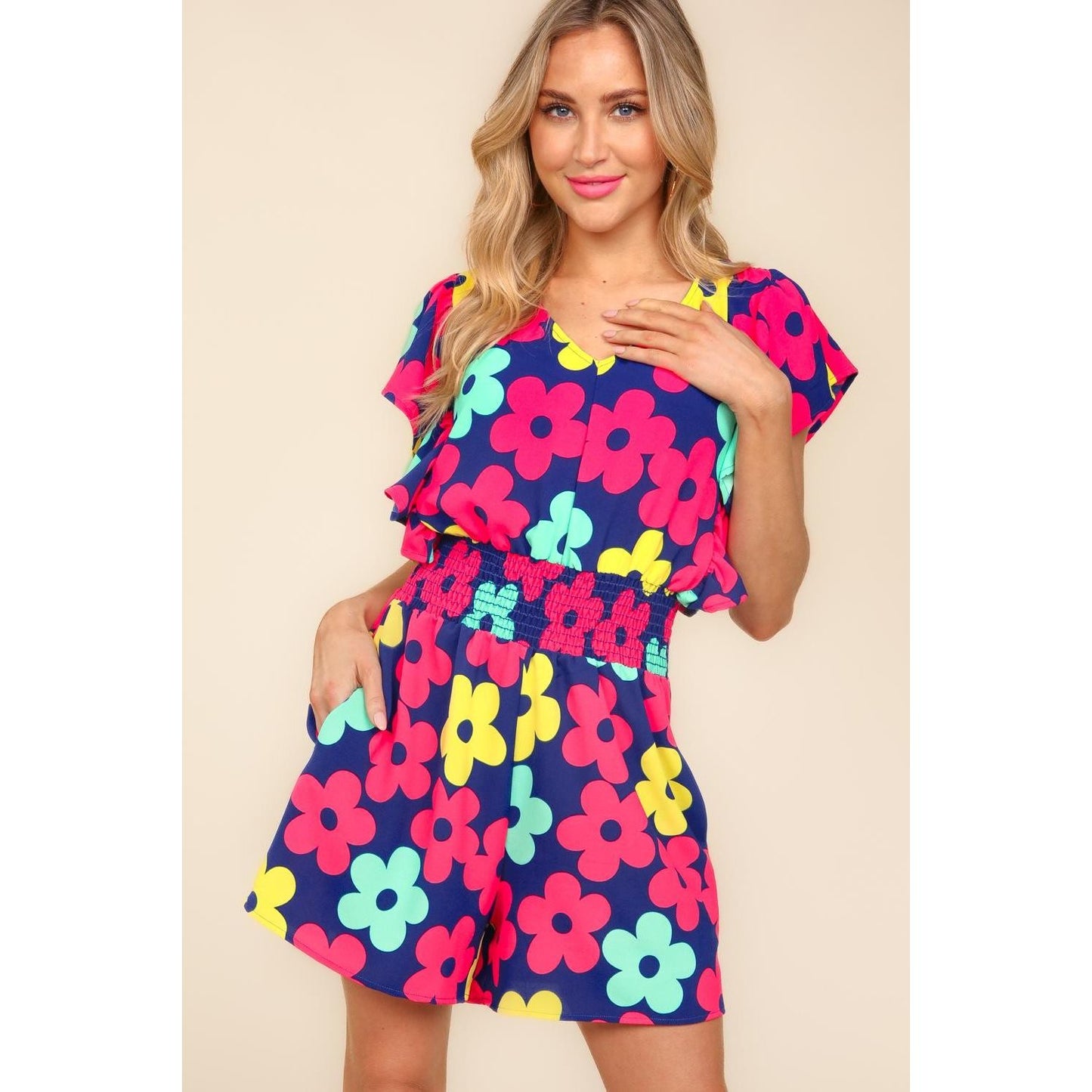 Haptics Floral Smocked Waist Romper with Side Pockets