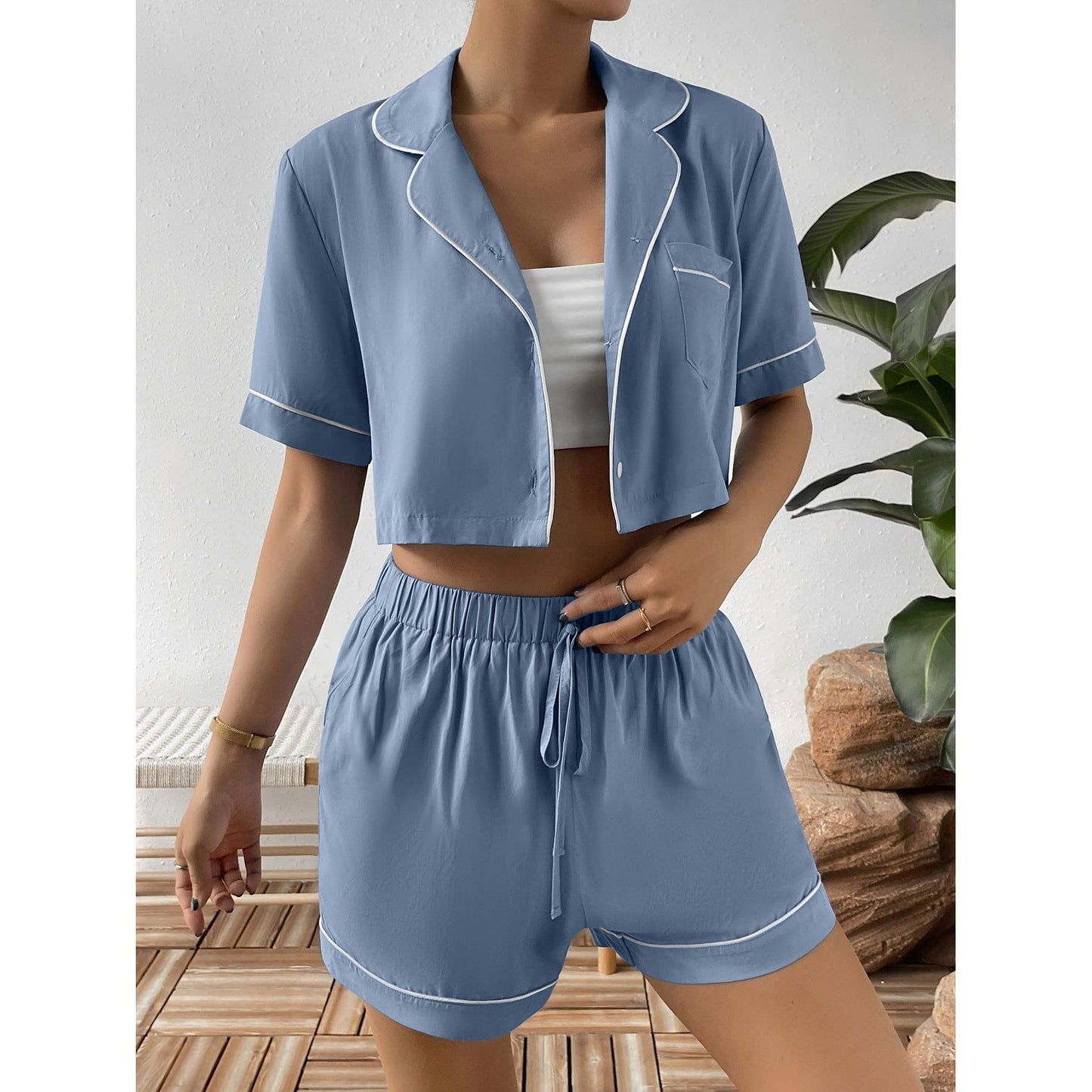 Ivy Lane Contrast Lapel Collar Cropped Shirt and Shorts Lounge Set