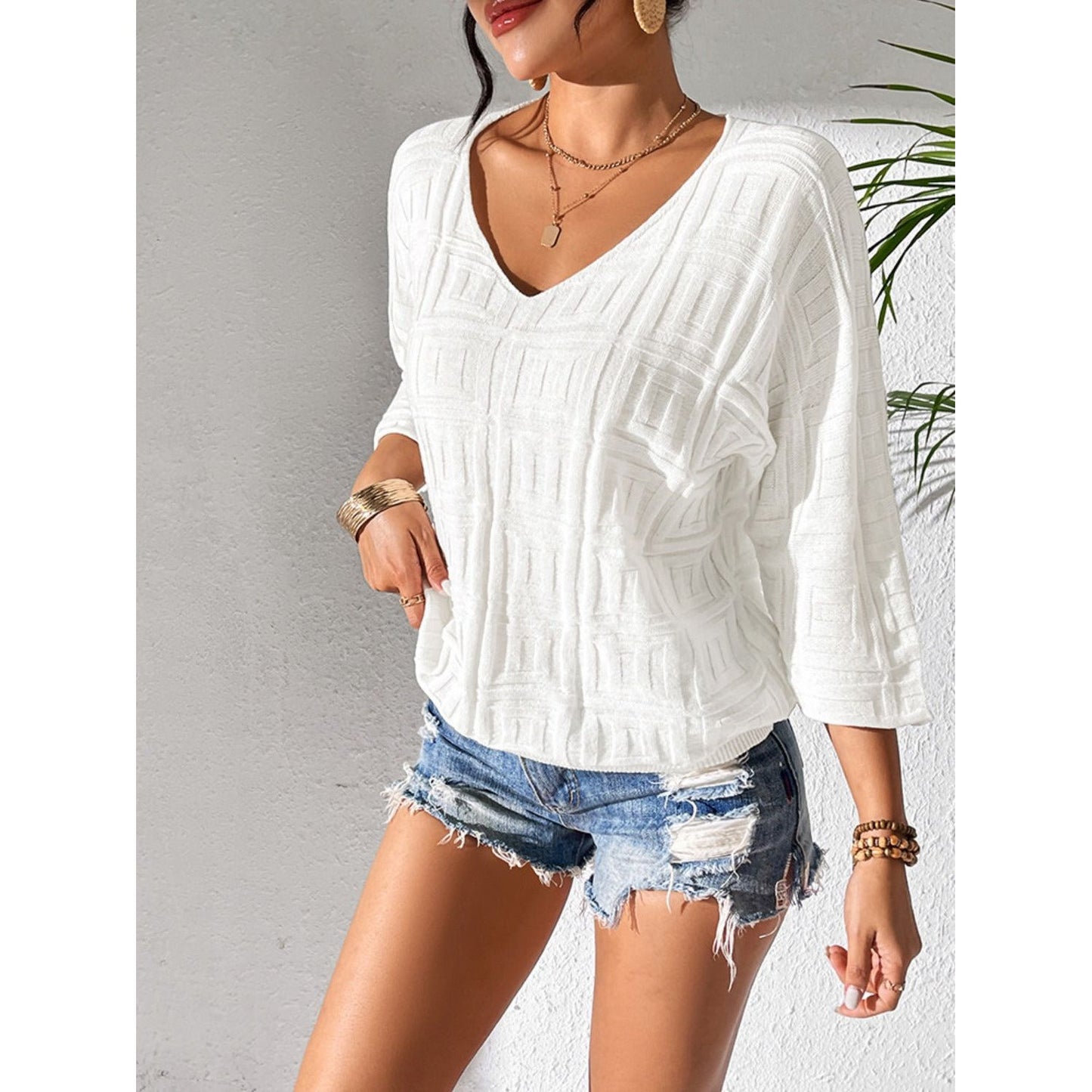 V-Neck Three-Quarter Sleeve Knit Top