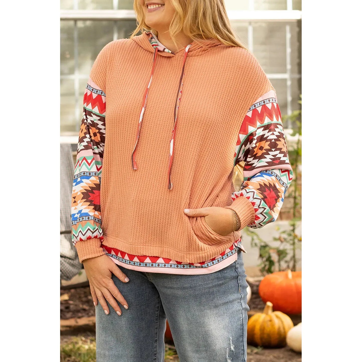 Plus Size Drawstring Geometric Long Sleeve Hoodie