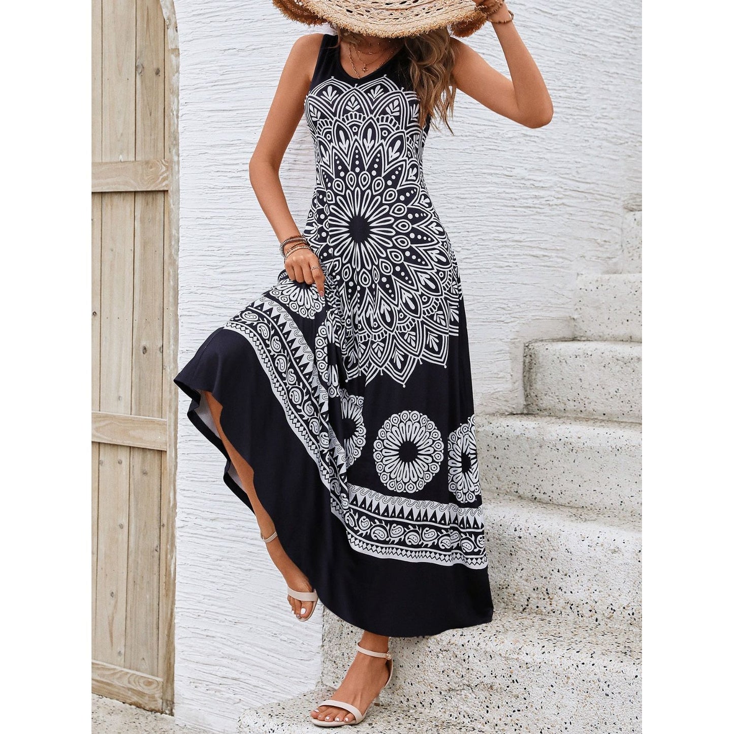 Honey Printed Round Neck Sleeveless Dress