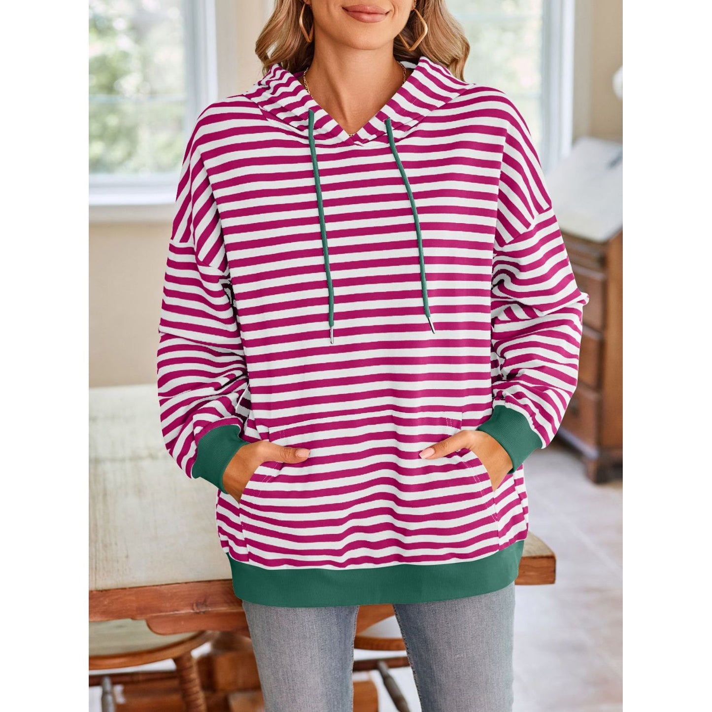 Lovelet Drawstring Striped Long Sleeve Hoodie