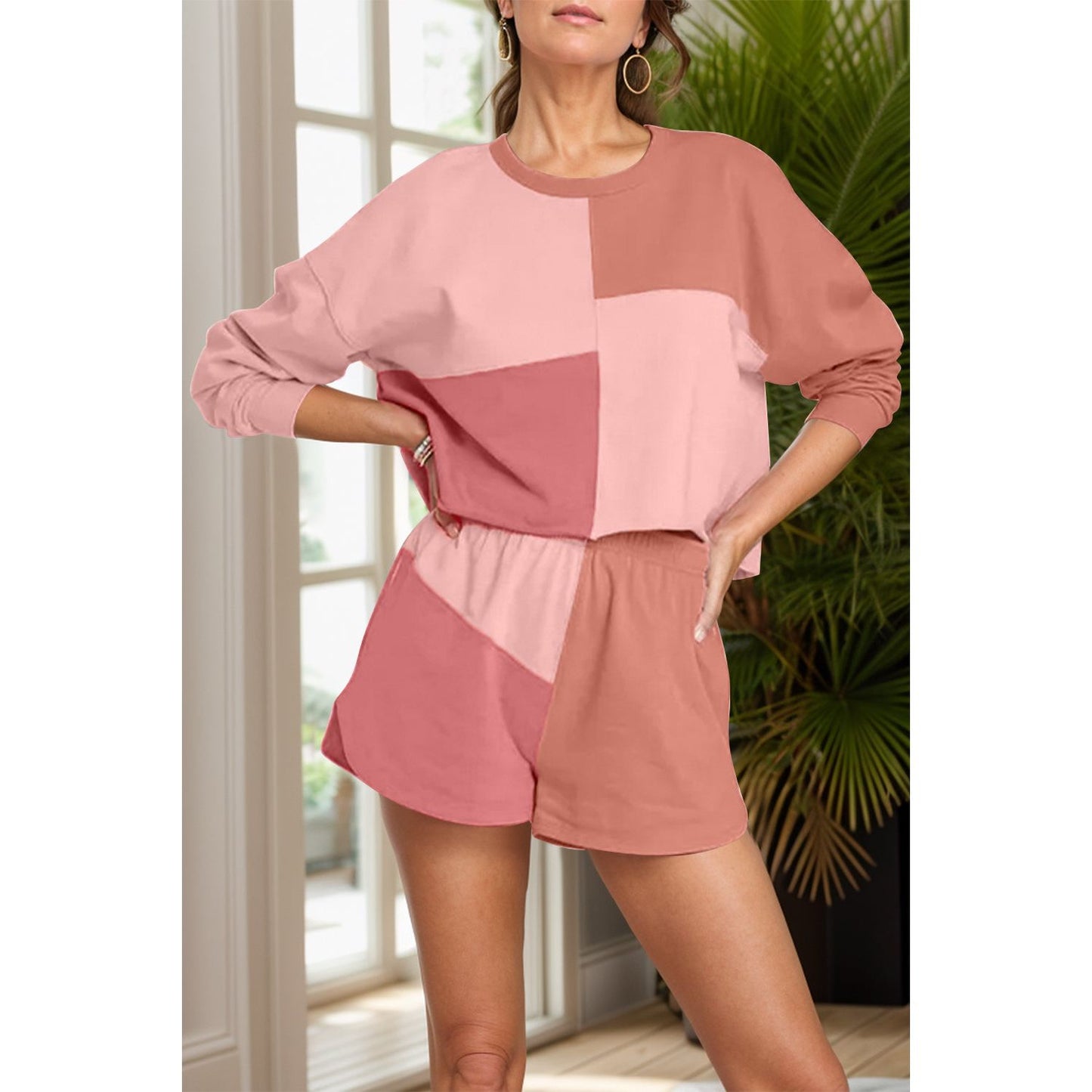 Color Block Round Neck Top and Shorts Set