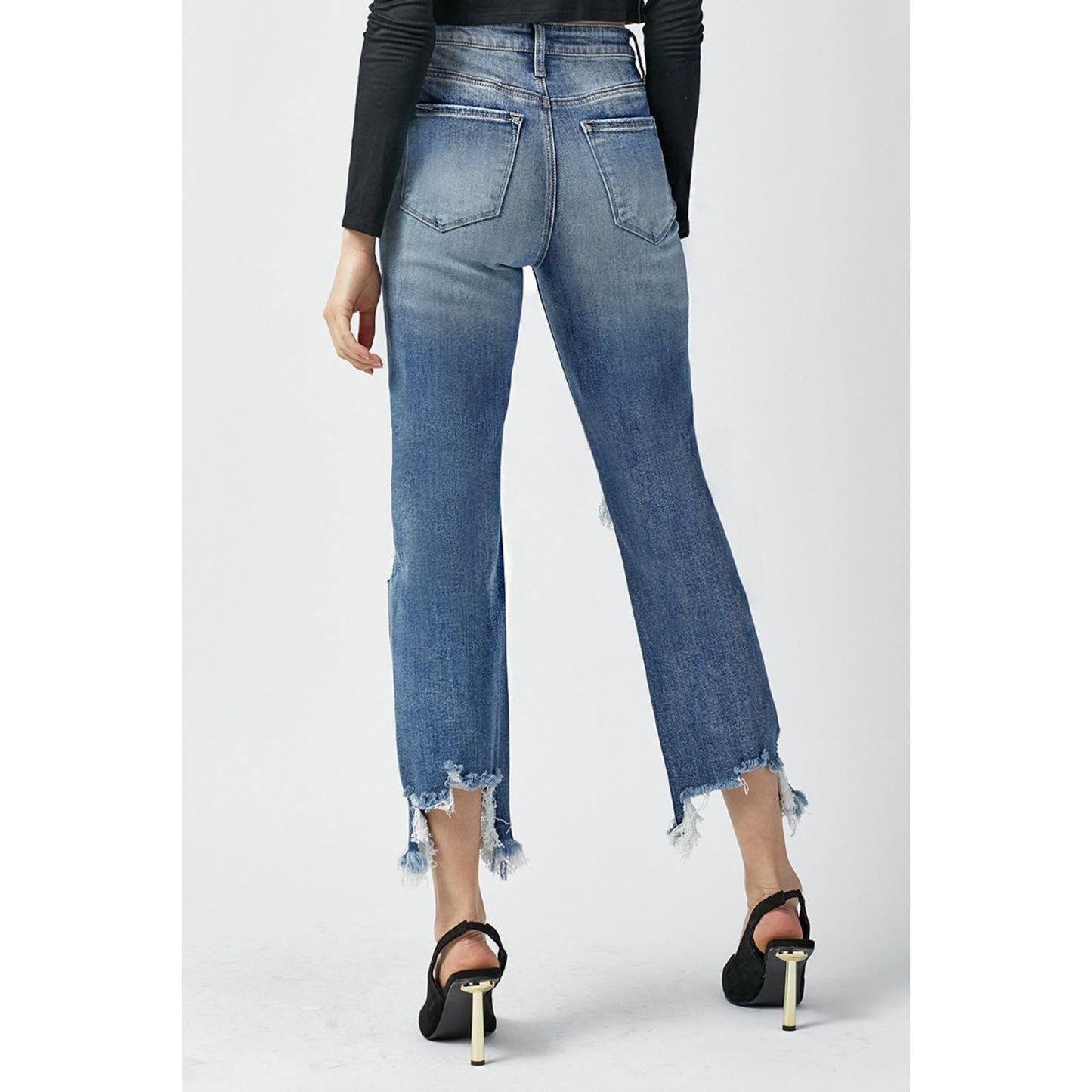 RISEN High Waist Distressed Frayed Hem Cropped Straight Jeans