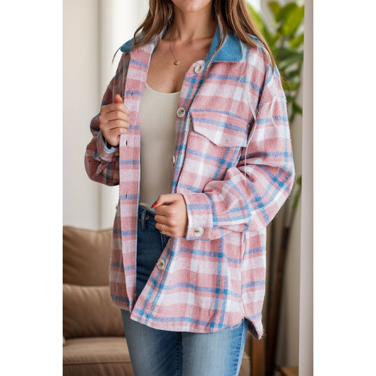 Plaid Collared Neck Long Sleeve Jacket