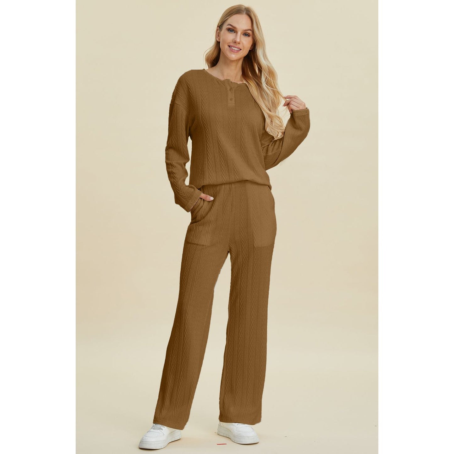 Double Take Full Size Cable-Knit Long Sleeve Top and Pants Set