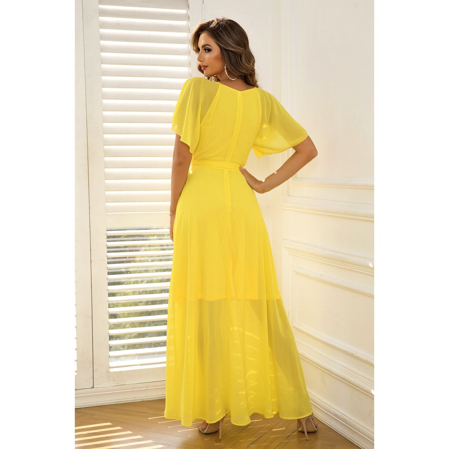 Tie Waist Flutter Sleeve Maxi Dress