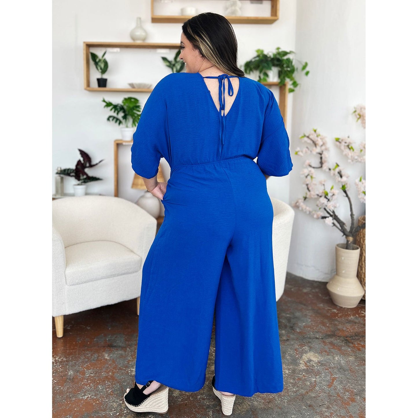 Double Take Full Size Surplice Wide Leg Jumpsuit with Pockets