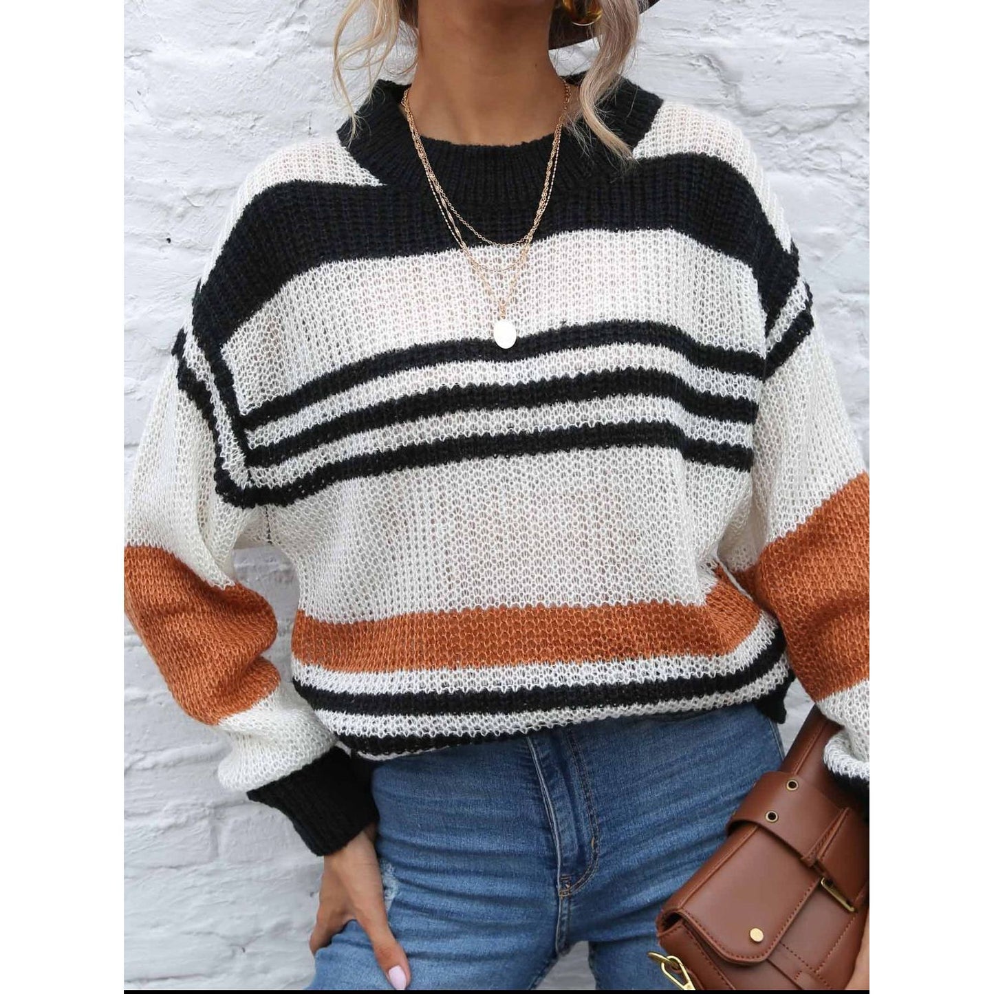 Contrast Striped Round Neck Long Sleeve Sweater