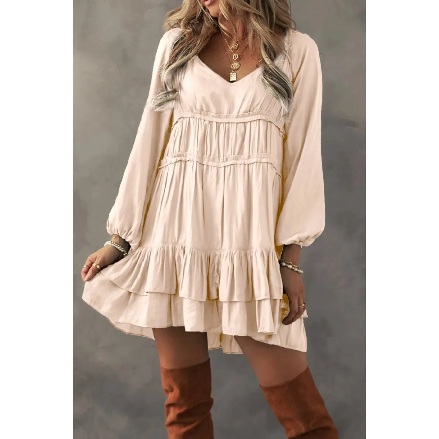 Frill Ruffled V-Neck Long Sleeve Mini Dress