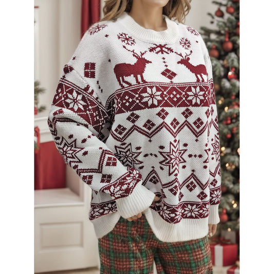 Snowflake Contrast Round Neck Long Sleeve Sweater