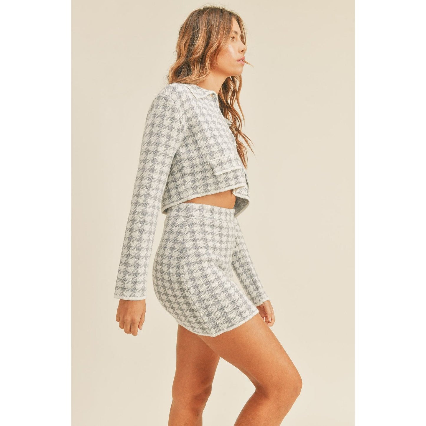 MABLE Houndstooth Cropped Knit Cardigan and Mini Skirt Set