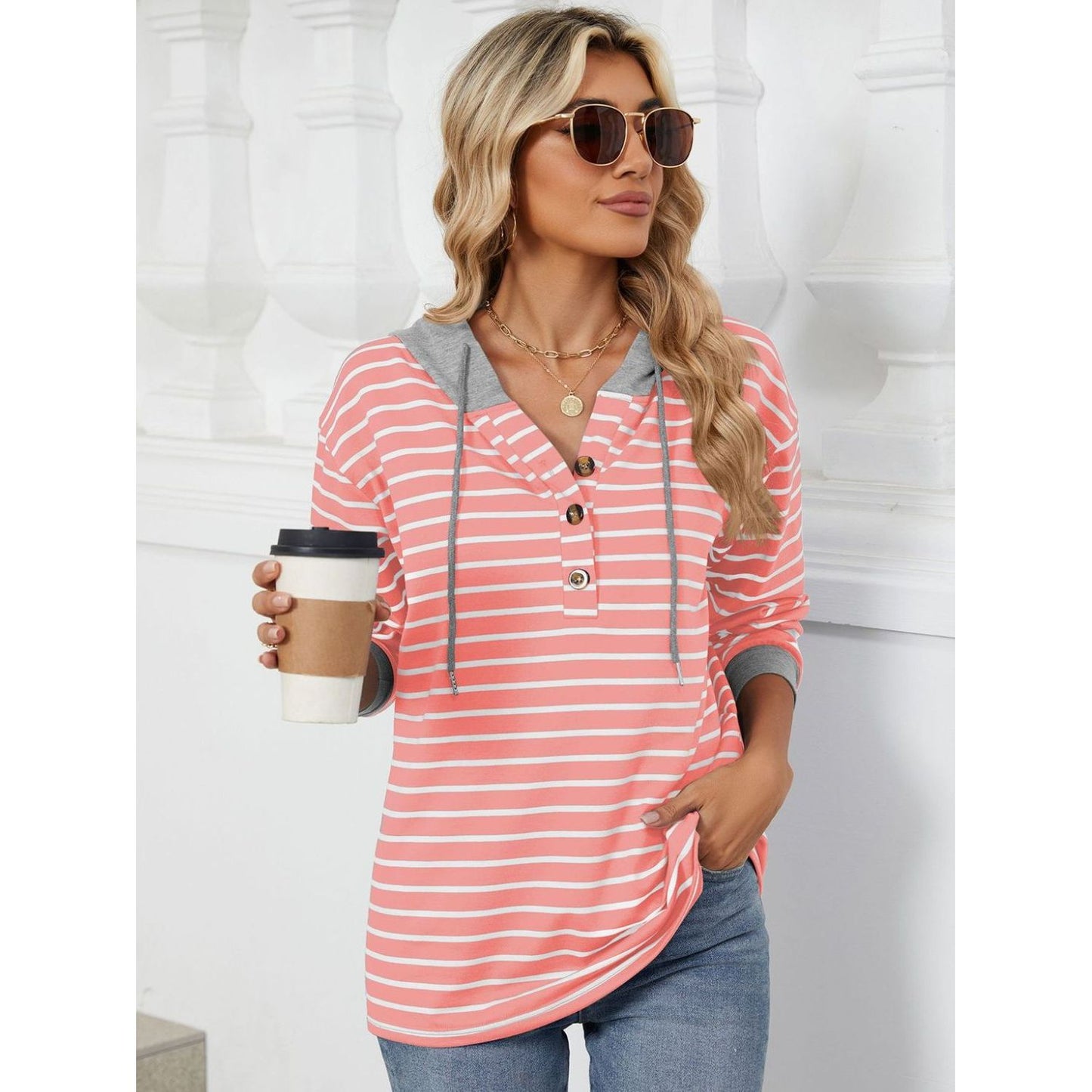 Drawstring Striped Long Sleeve Hoodie