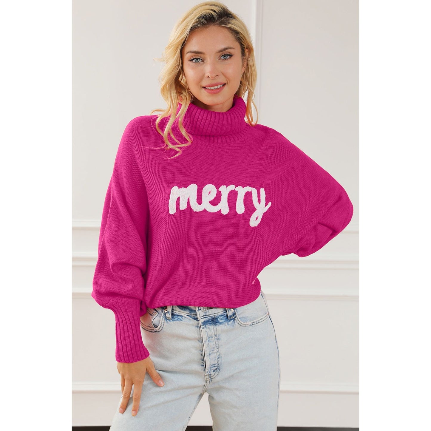 Merry Letter Embroidered High Neck Sweater