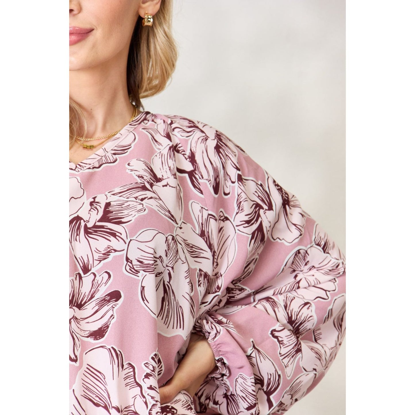 Heimish Full Size Floral V-Neck Balloon Sleeve Blouse