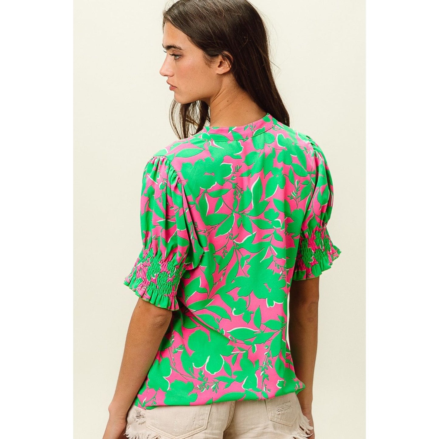 BiBi Smocked Cuff Floral Contrast Top