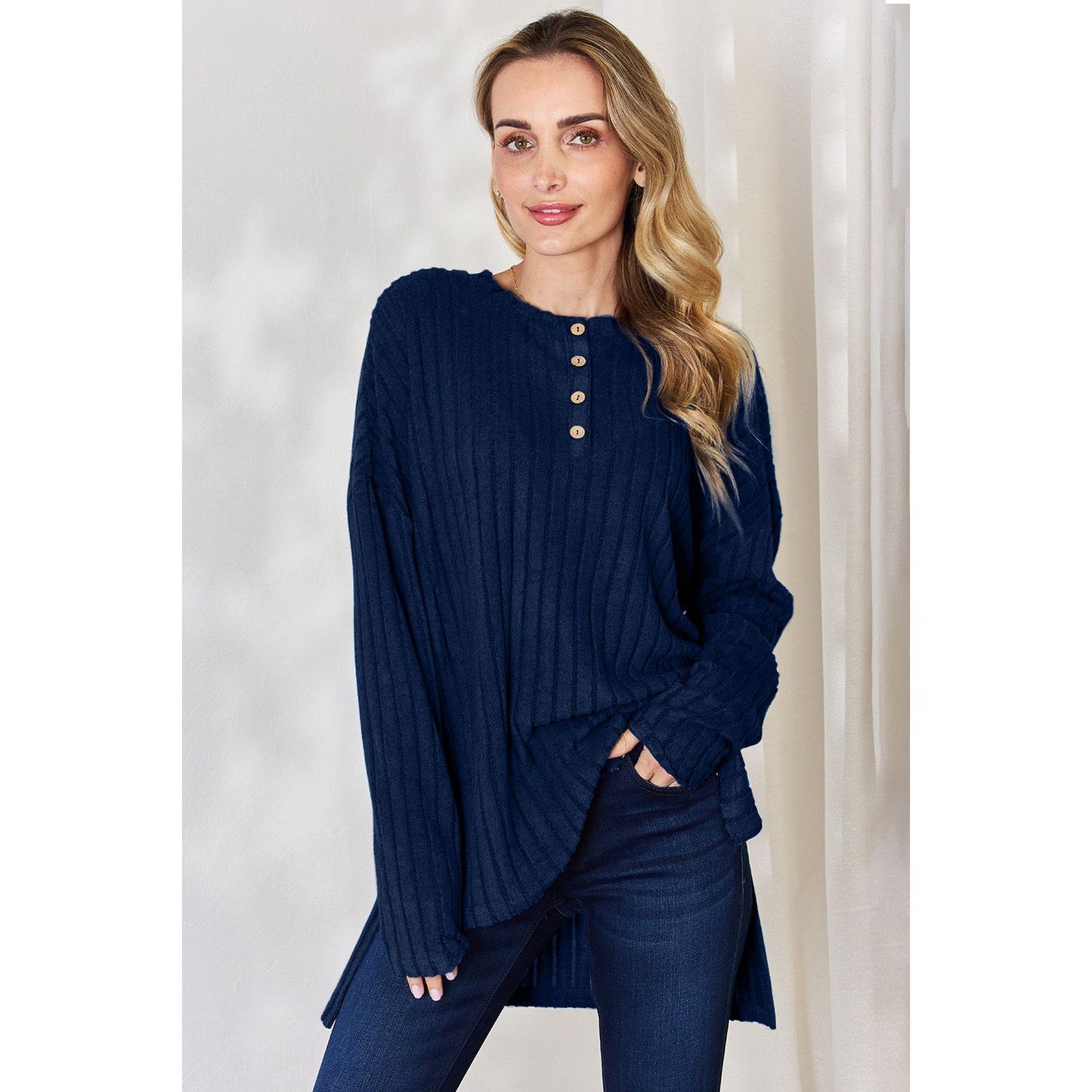 Basic Bae Full Size Ribbed Half Button Long Sleeve High-Low T-Shirt