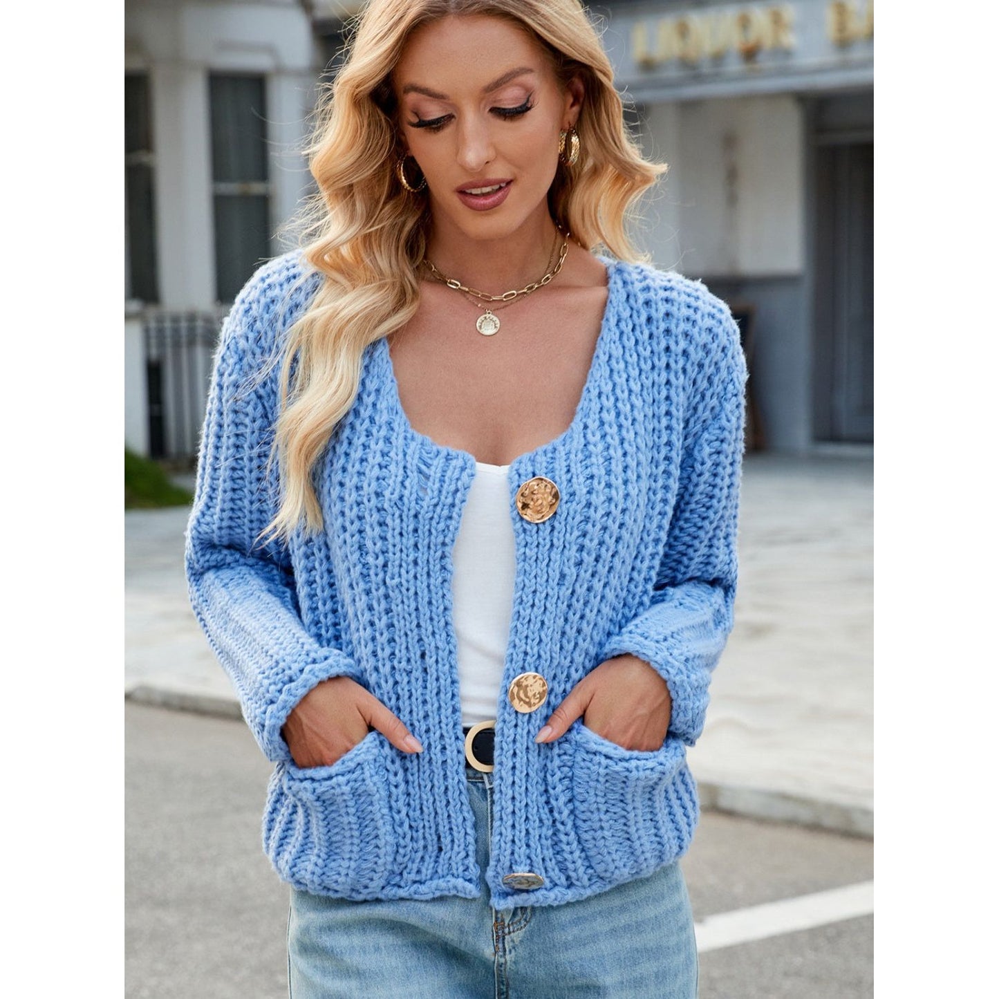 Round Neck Button Up Cardigan with Pockets