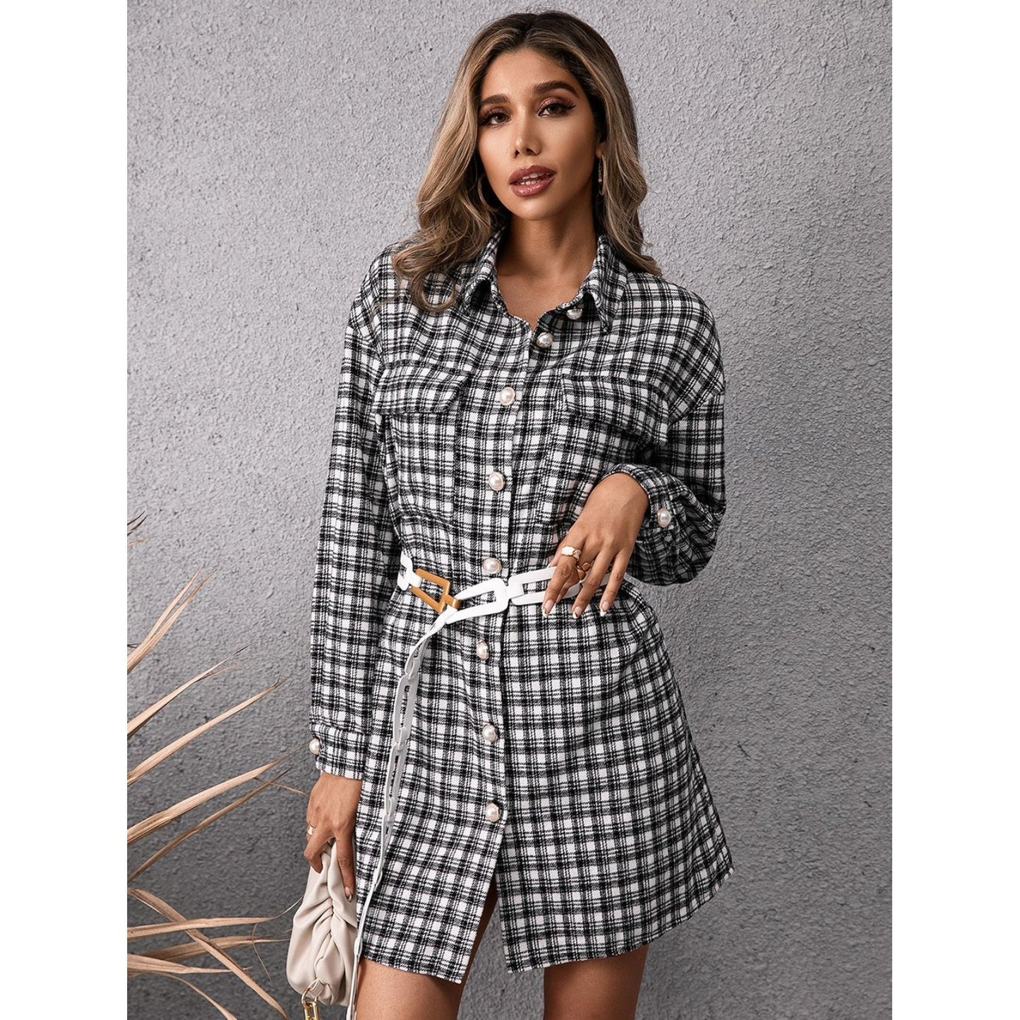 Ivy Lane Pocketed Plaid Long Sleeve Mini Dress