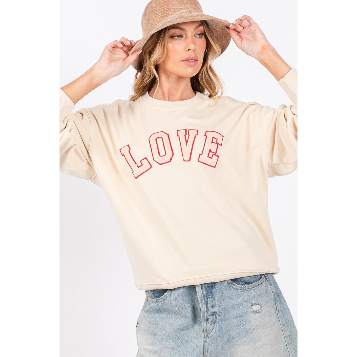 SAGE + FIG LOVE Path Applique Drop Shoulder Sweatshirt