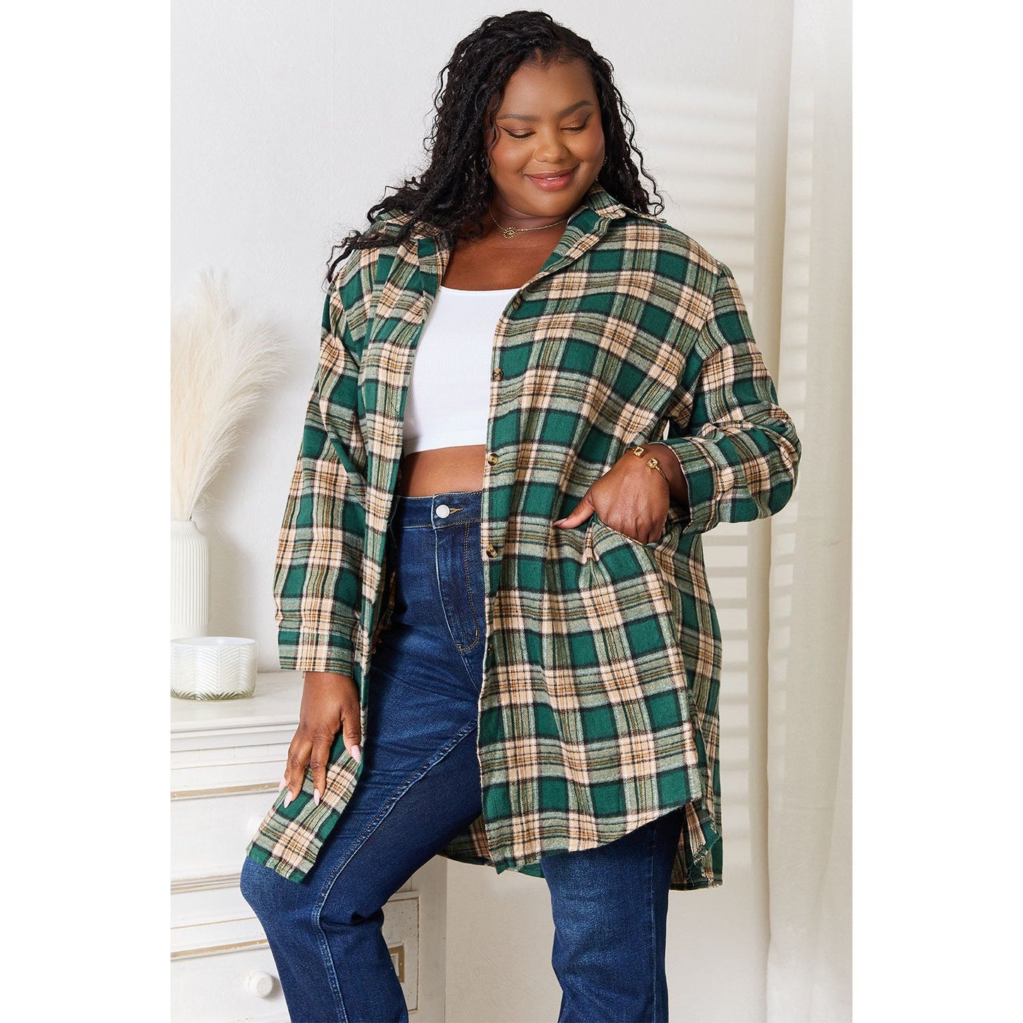 Plaid Collared Neck Long Sleeve Shirt