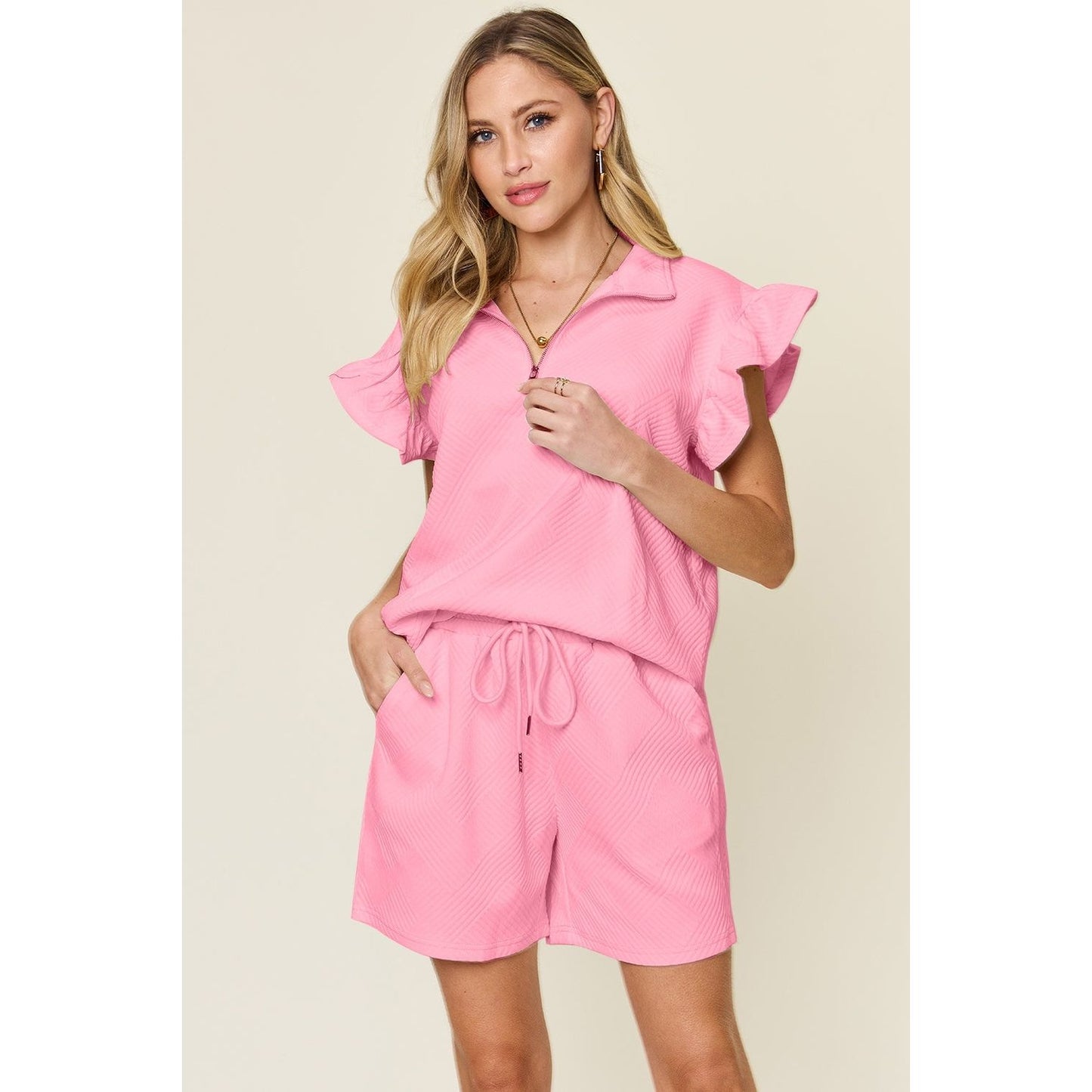 Double Take Full Size Texture Flounce Sleeve Top and Drawstring Shorts Set