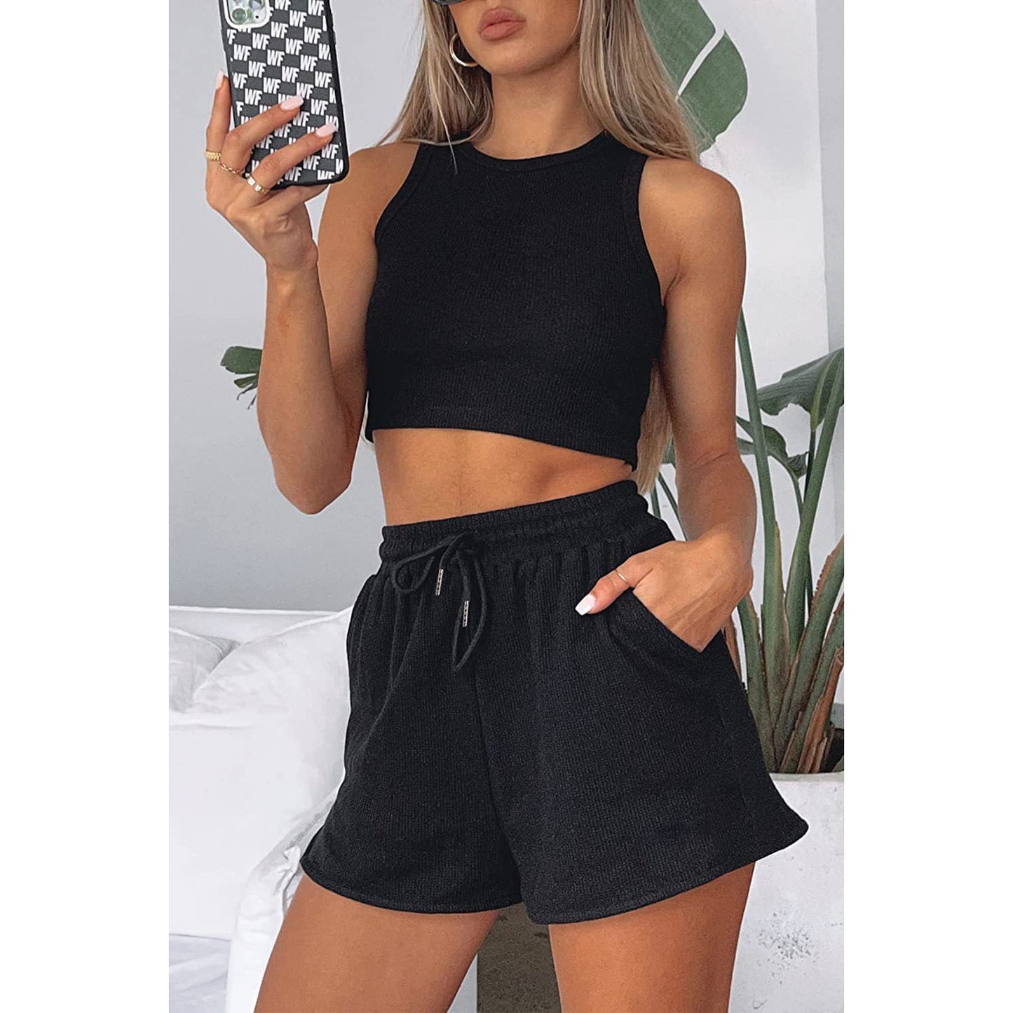 Round Neck Top and Drawstring Shorts Set