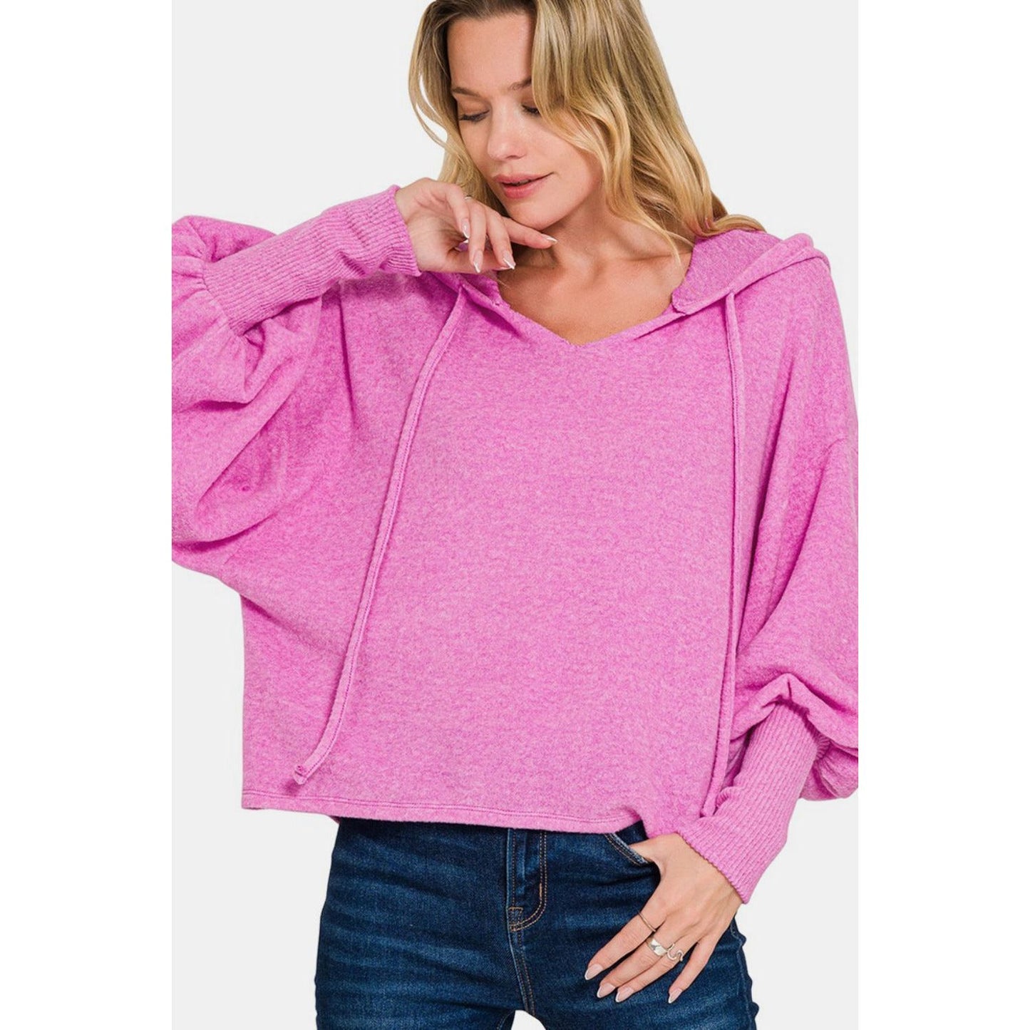 Zenana Brushed Hacci Drop Shoulder Cropped Hoodie