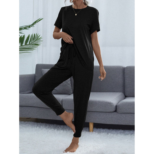 Shiny Round Neck Short Sleeve Top and Pants Set