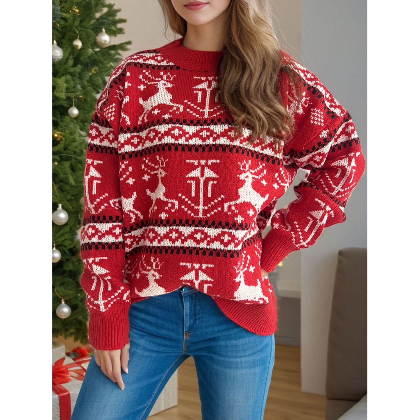 Christmas Element Round Neck Long Sleeve Sweater